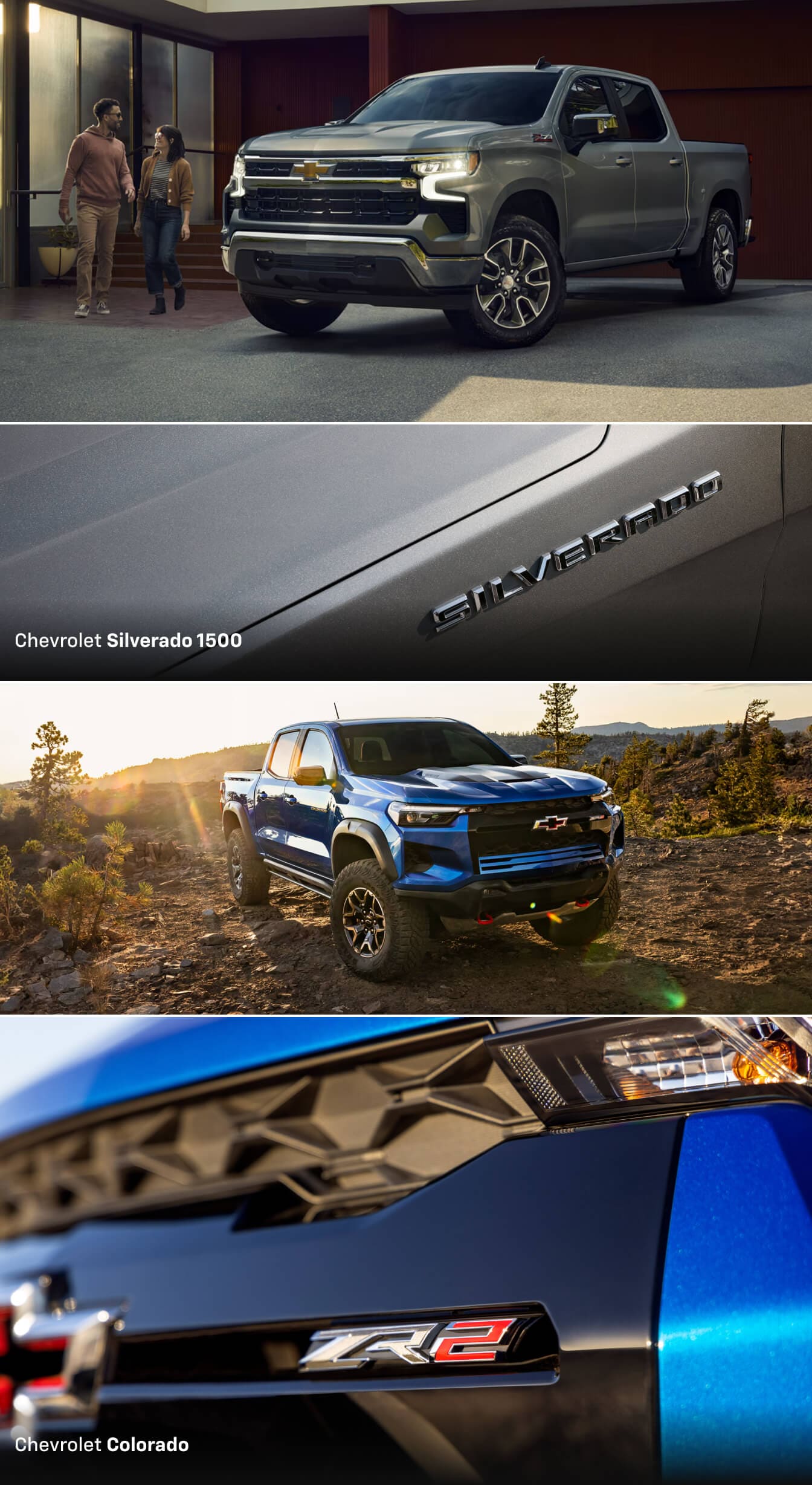 Chevrolet Silverado 1500 Crew Cab LT in Sterling Gray Metallic, Chevrolet Silverado 1500 Crew Cab RST in White Sands, and a Chevrolet Colorado Crew Cab ZR2 in Reef Blue
