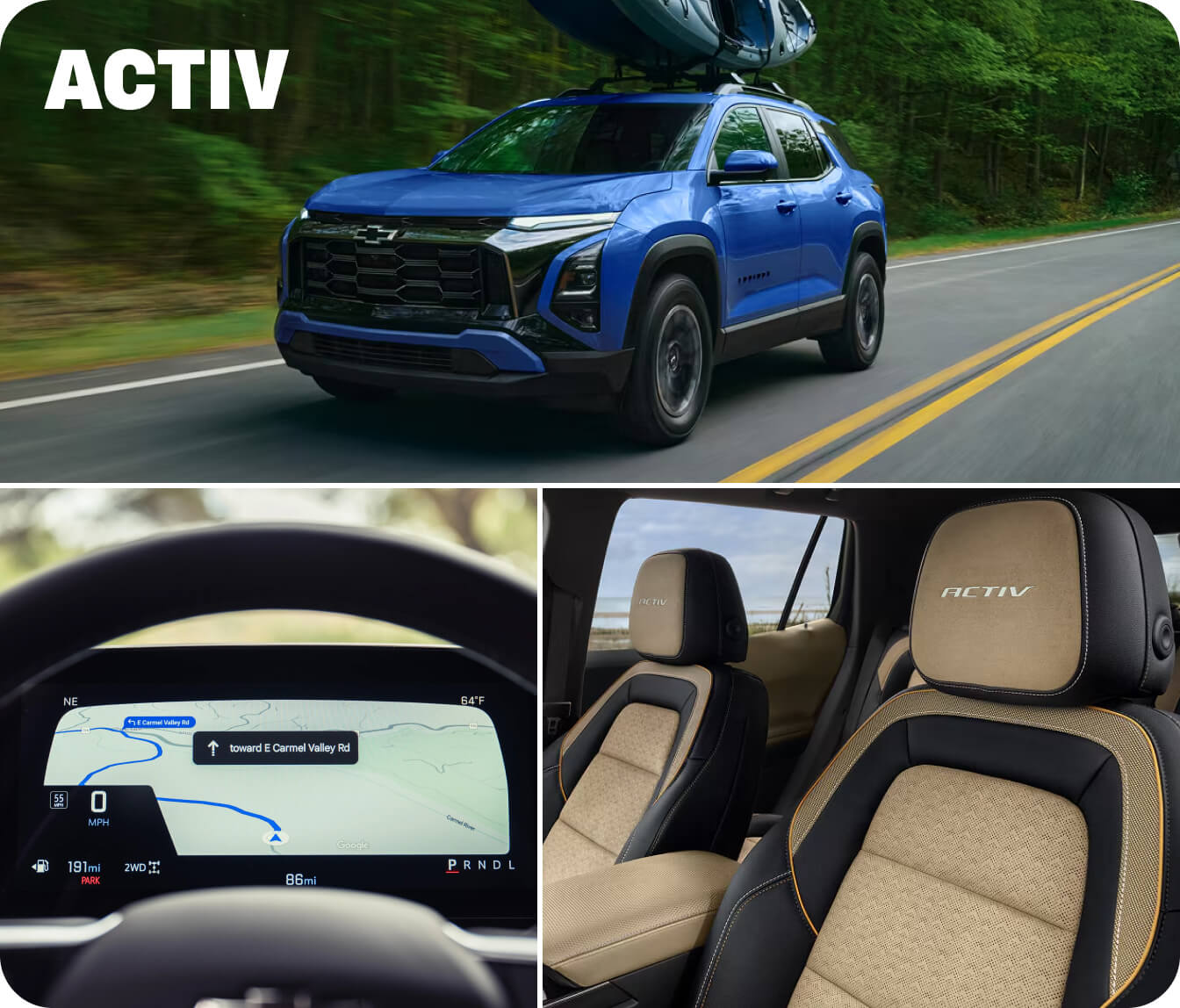 Split image showing a blue 2027 Chevy Equinox ACTIV driving and two close-ups showing its navigation screen and interior upholstery.