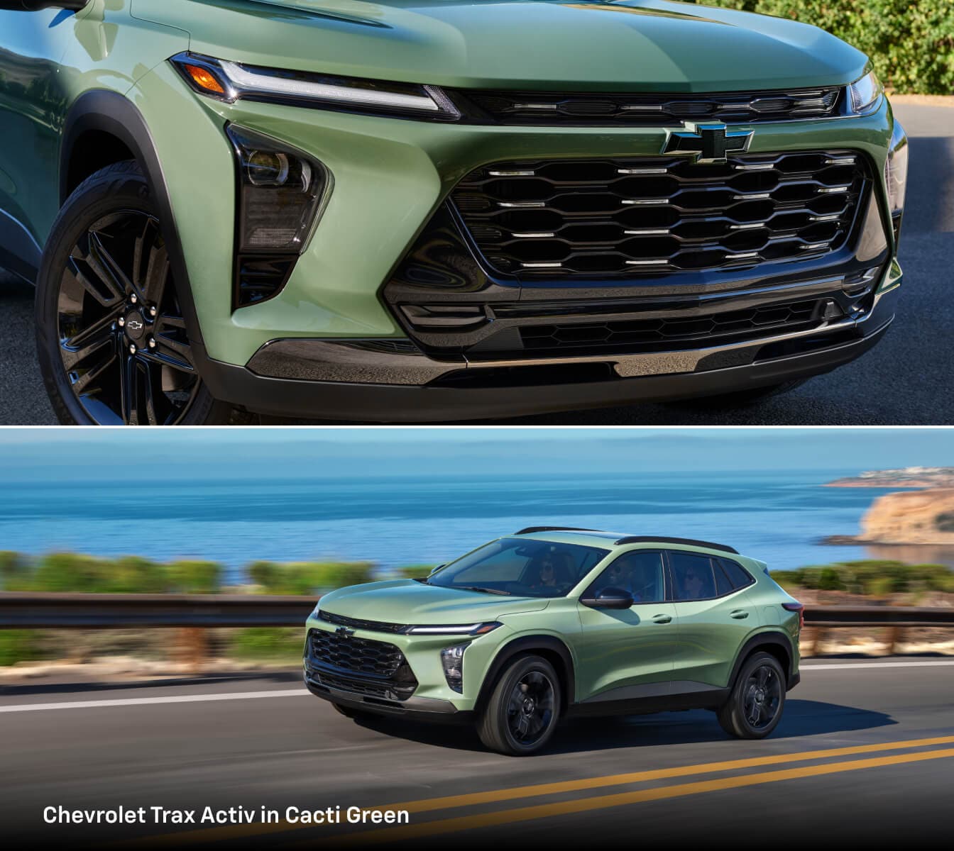 Exterior shot of the 2026 Chevy Trax Activ in Cacti Green and a close-up shot of the grille