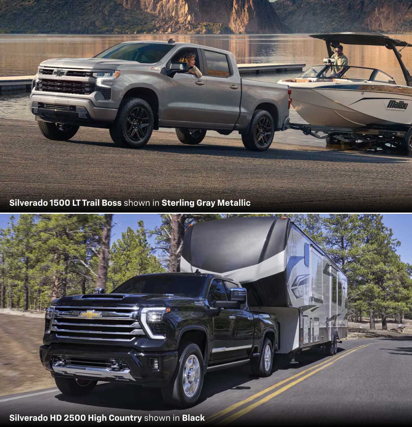 2026 Chevy Silverado 1500 in Sterling Gray towing a boat and a 2026 Silverado 2500 in Black towing a 5th wheel RV