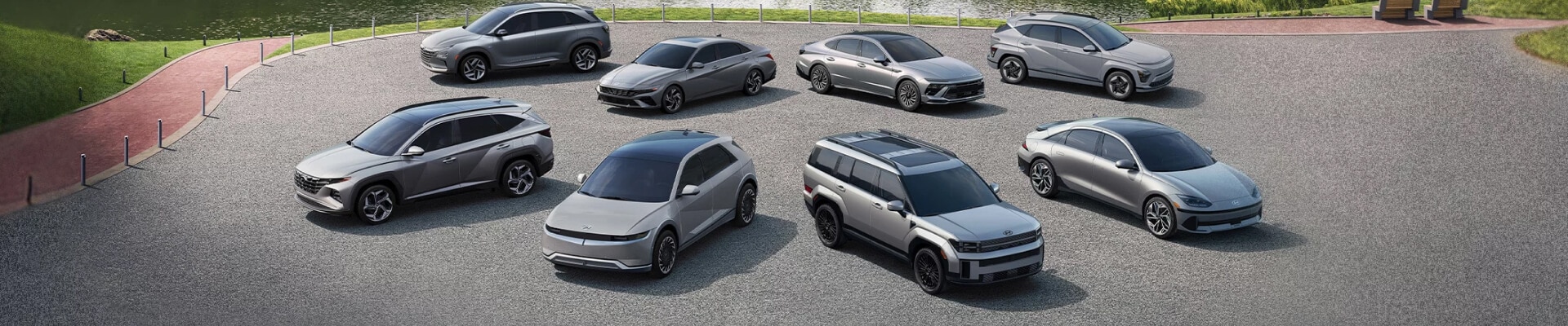 Eight New Hyundai Electric Vehicles Parked Outdoors