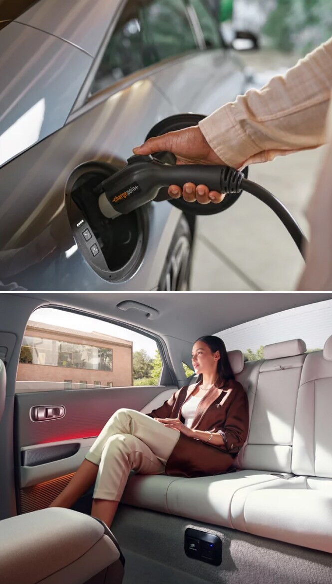 Two images of a new 2025 Hyundai IONIQ 6. Top: Ultra-fast charging capabilities on display using ChargePoint EV station. Bottom: Woman sitting in the backseat featuring H-Tex trimmed interior.