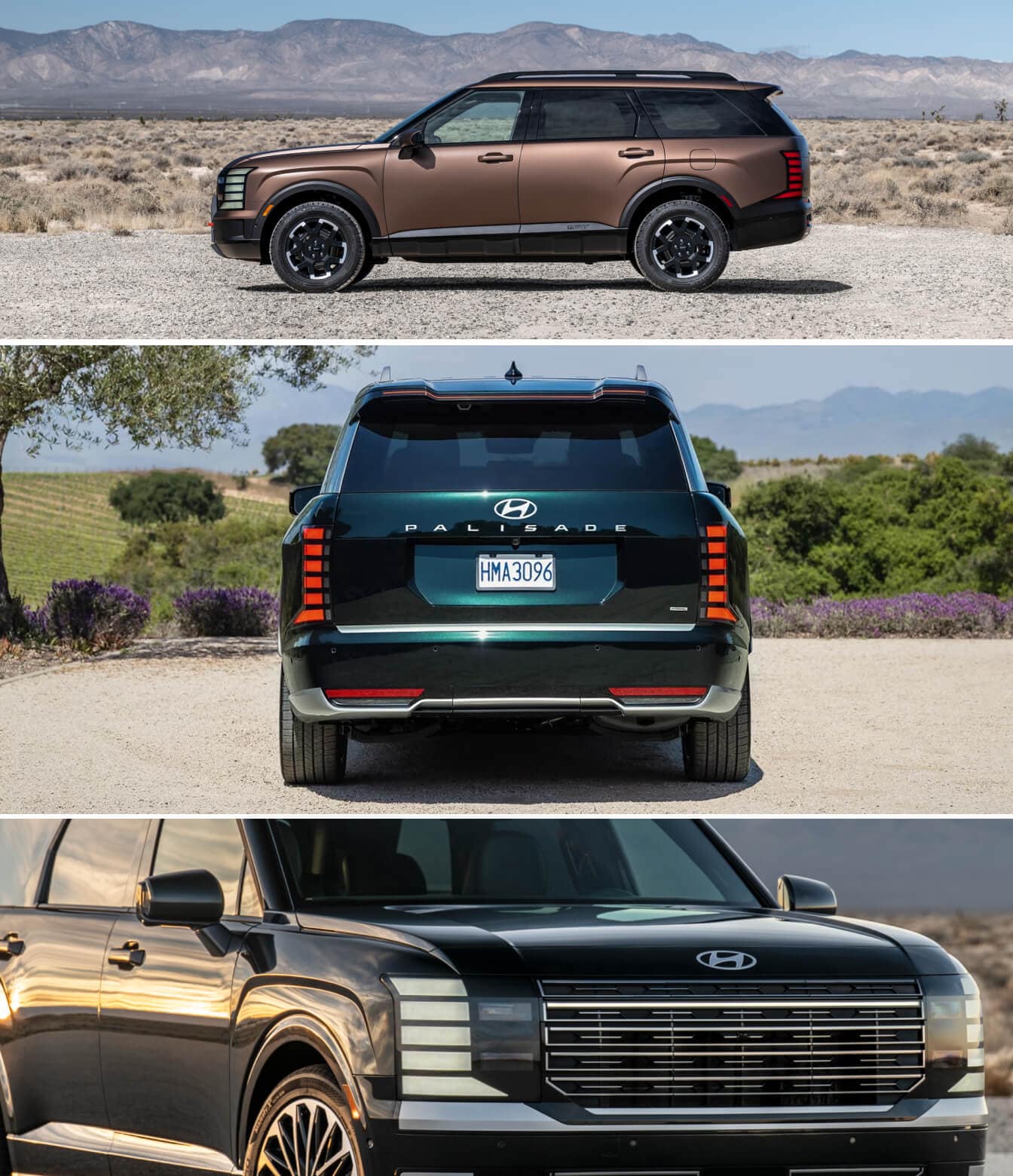 Top: Palisade Calligraphy in two tone leather wrapped steering wheel-Middle: 2026 Hyundai Palisade Calligraphy in Robust Emerald taillights. - Bottom: Available integrated front and rear dash cam