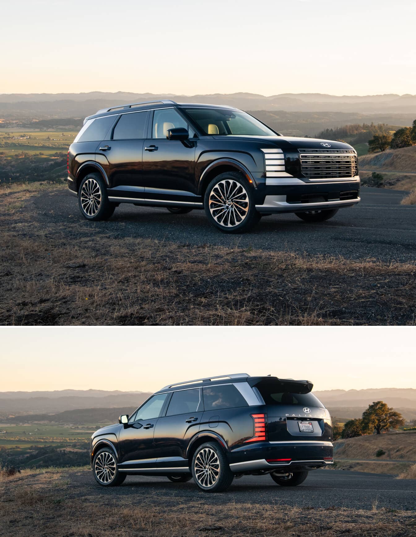 Front and back three-quarter view shots of a 2026 Hyundai Palisade Calligraphy