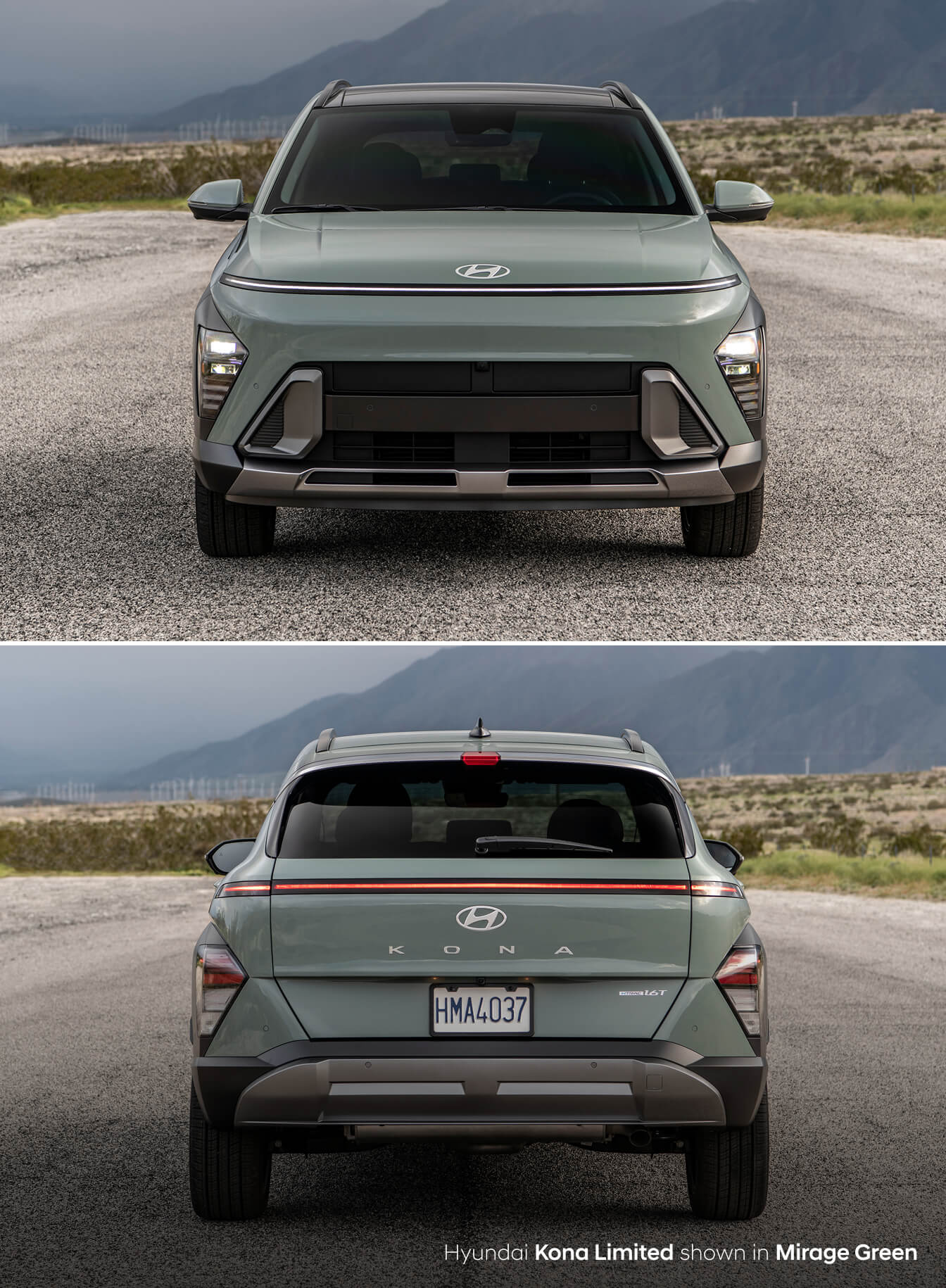 Front & Back view of a 2025 Hyundai Kona Limited in Mirage Green