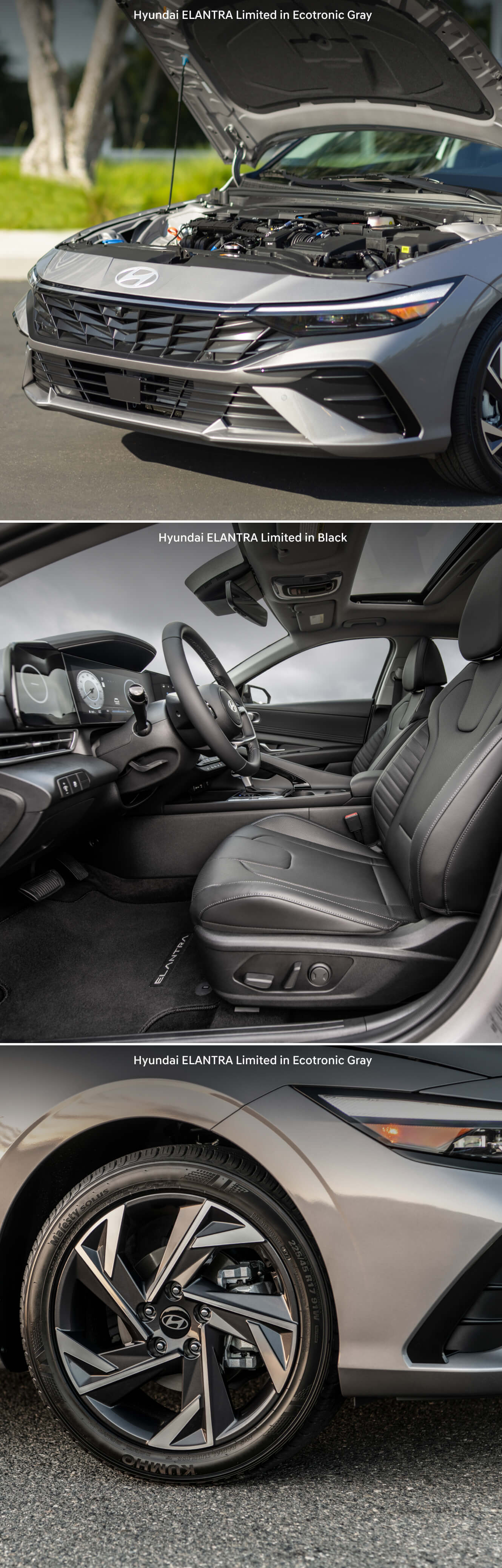 Popped hood showing the engine of a 2026 Hyundai Elantra Limited in Ecotronic Gray, Interior front-seat view of a 2026 Hyundai Elantra Limited, Close up of the wheel and stock rim of a 2026 Hyundai Elantra Limited