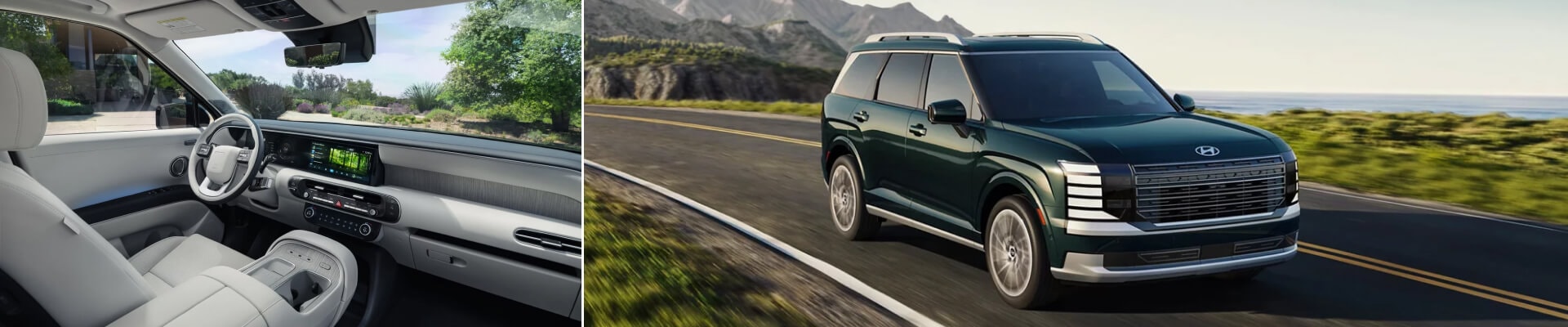 Left: 2026 Hyundai Palisade Calligraphy with Nappa leather seating in Navy two-tone.-Right: 2026 Hyundai Palisade Calligraphy in Robust Emerald.