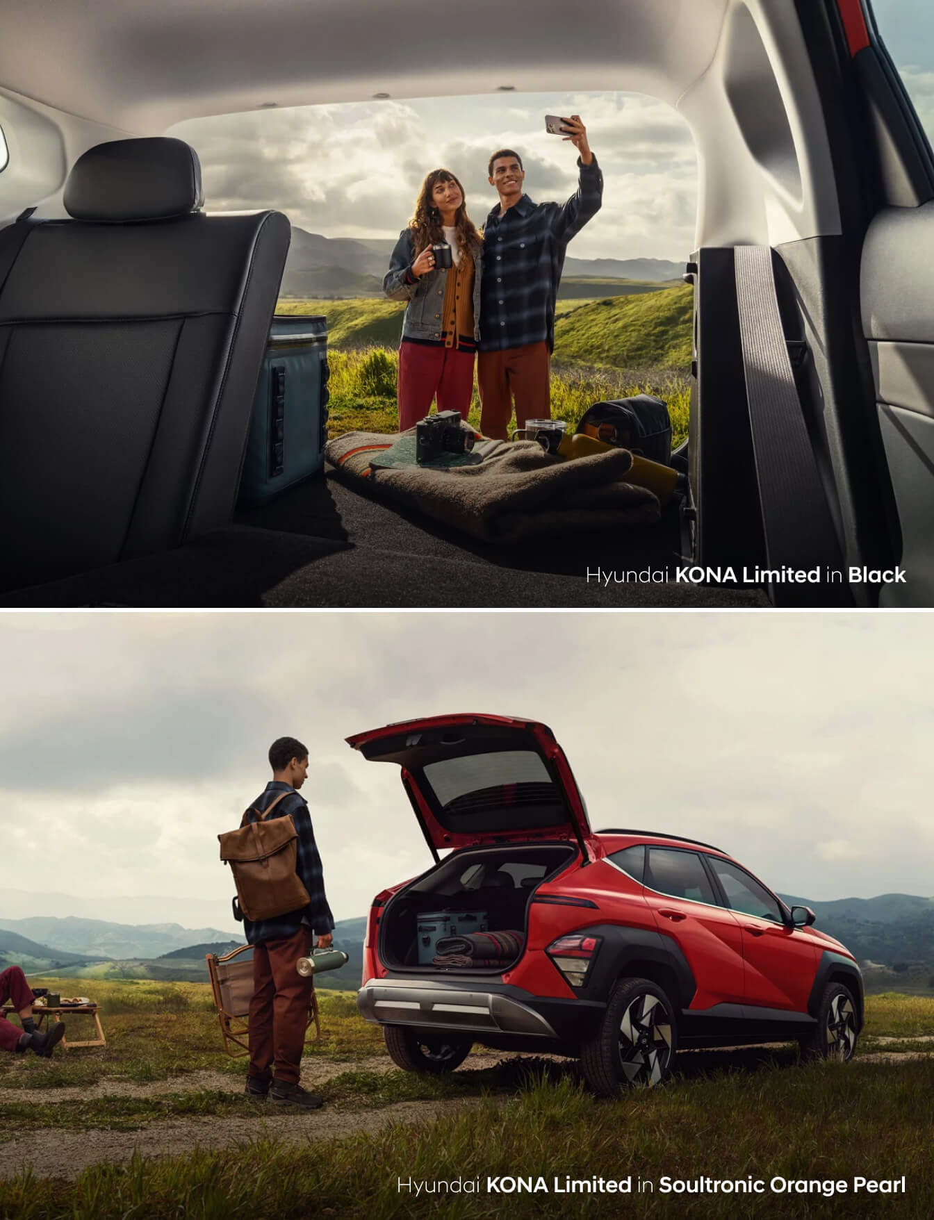 Two shots of a new Hyundai Kona Limited in Soultronic Orange Pearl with an open trunk