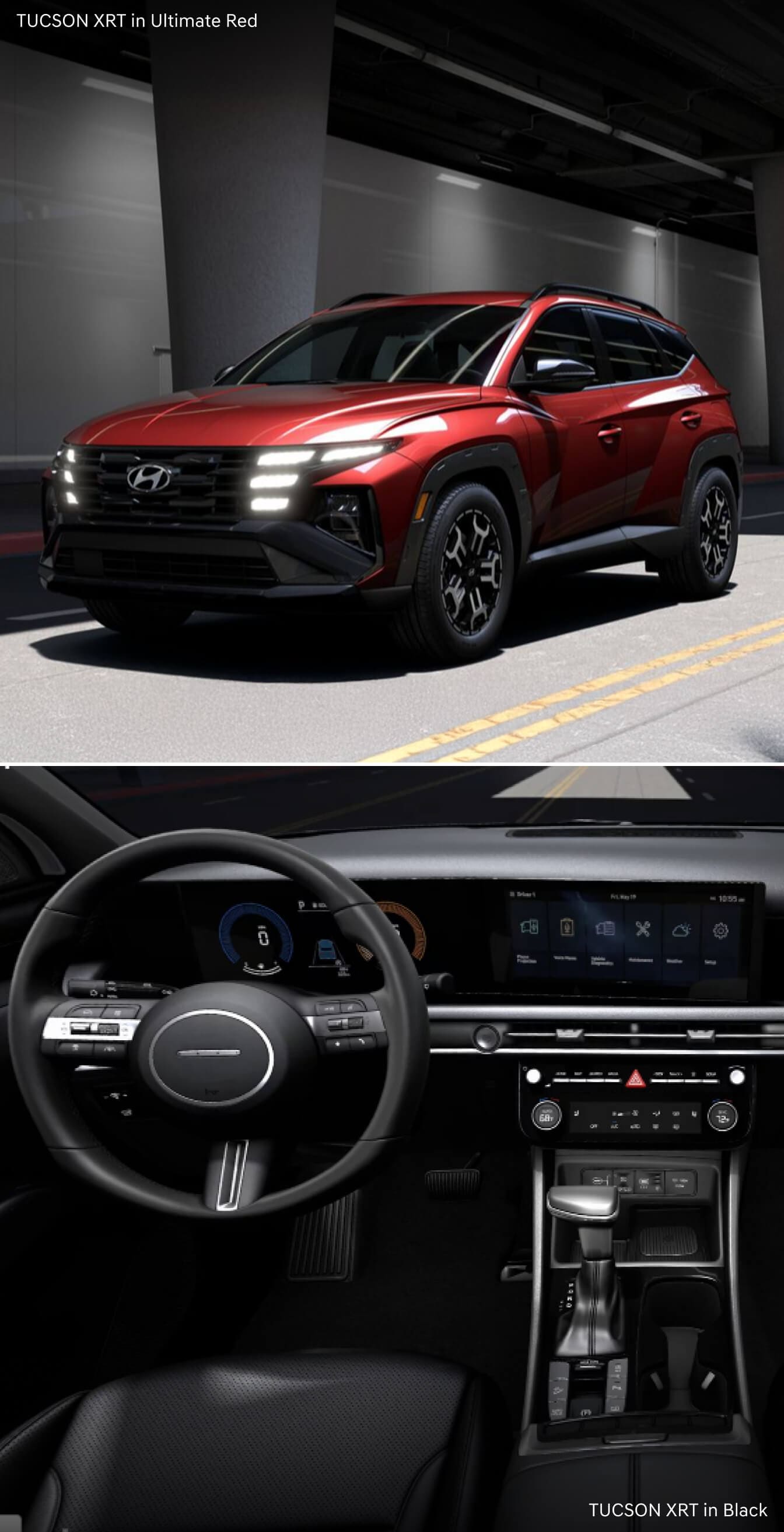 Exterior and interior backseat shot of a 2026 Hyundai Tucson SEL Premium in Rockwood Green