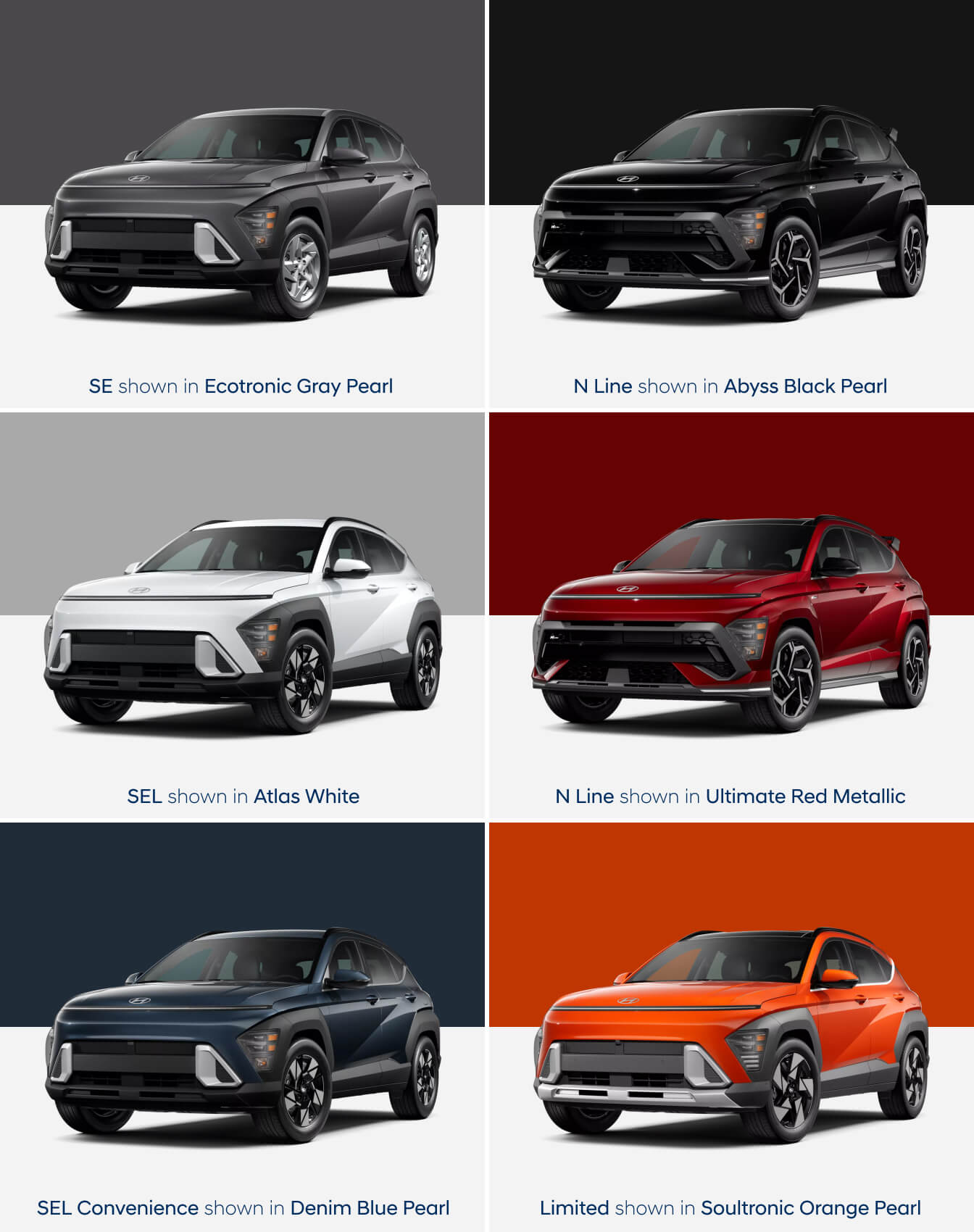 Grid of all 6 trims of the 2025 Hyundai Kona: SE, SEL, SEL Convenience, N Line S, N Line, and Limited shown in Ecotronic Gray Pearl, Atlas White, Denim Blue Pearl, Abyss Black Pearl, Ultimate Red Metallic, and Soultronic Orange Pearl