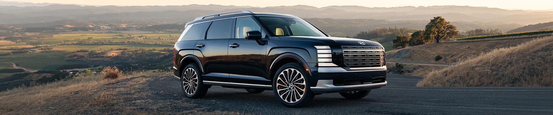2026 Hyundai Palisade Calligraphy in Abyss Black Pearl parked at dusk in front of flat grassland terrain