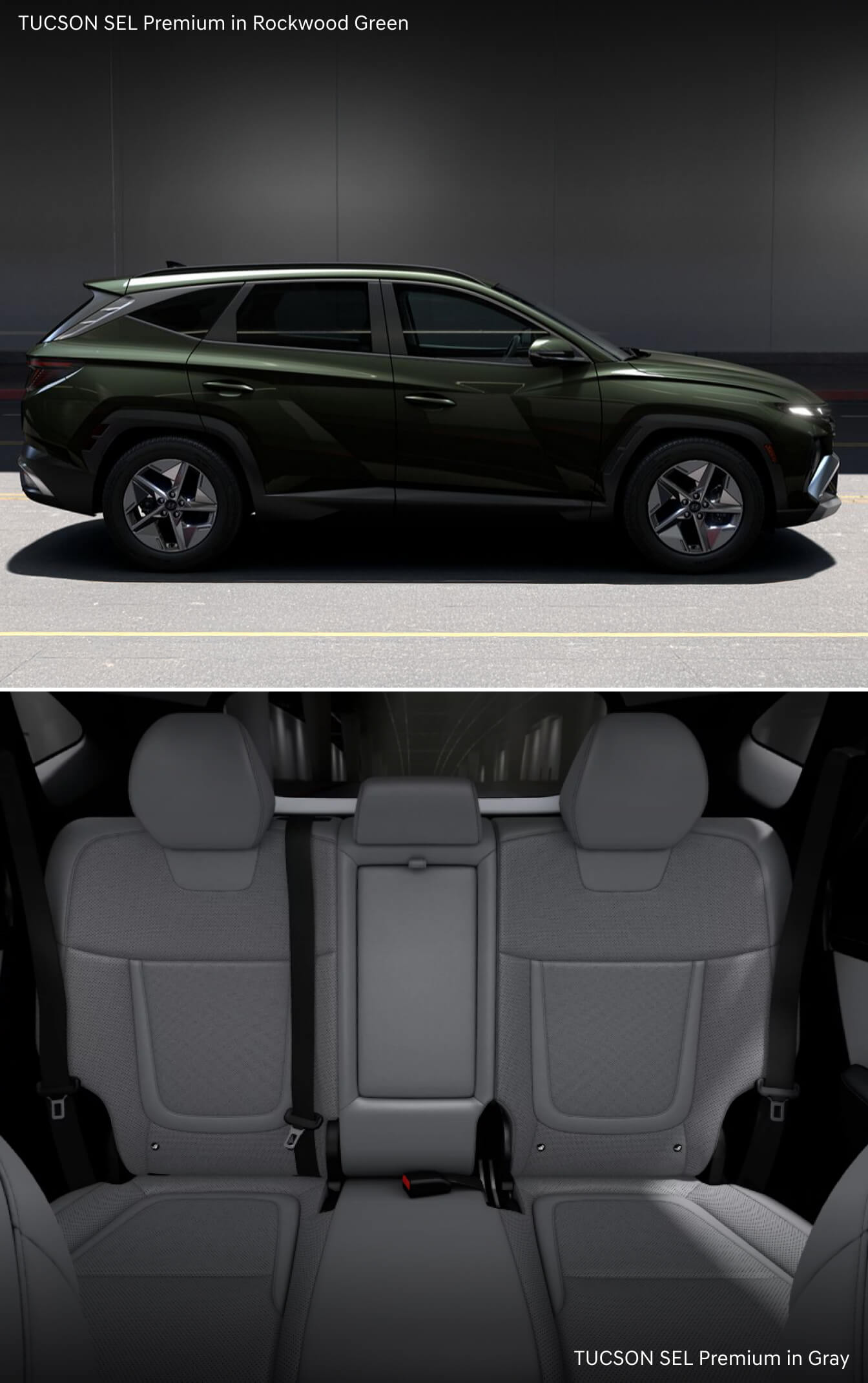 Exterior shot of a 2026 Hyundai Tucson SEL Premium in Rockwood Green and an interior shot of the backseat