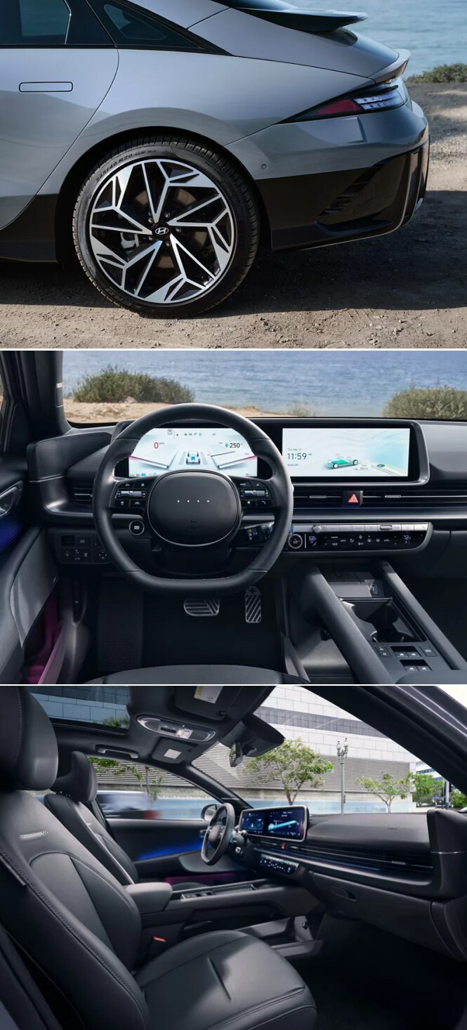 Three images of a new 2025 Hyundai IONIQ 6. Top: Rear of car with black machined ALYIA071 Rims, Middle: Wheel & Dashboard featuring dual 12.3-inch digital displays, Bottom: Interior passenger seat & dashboard.