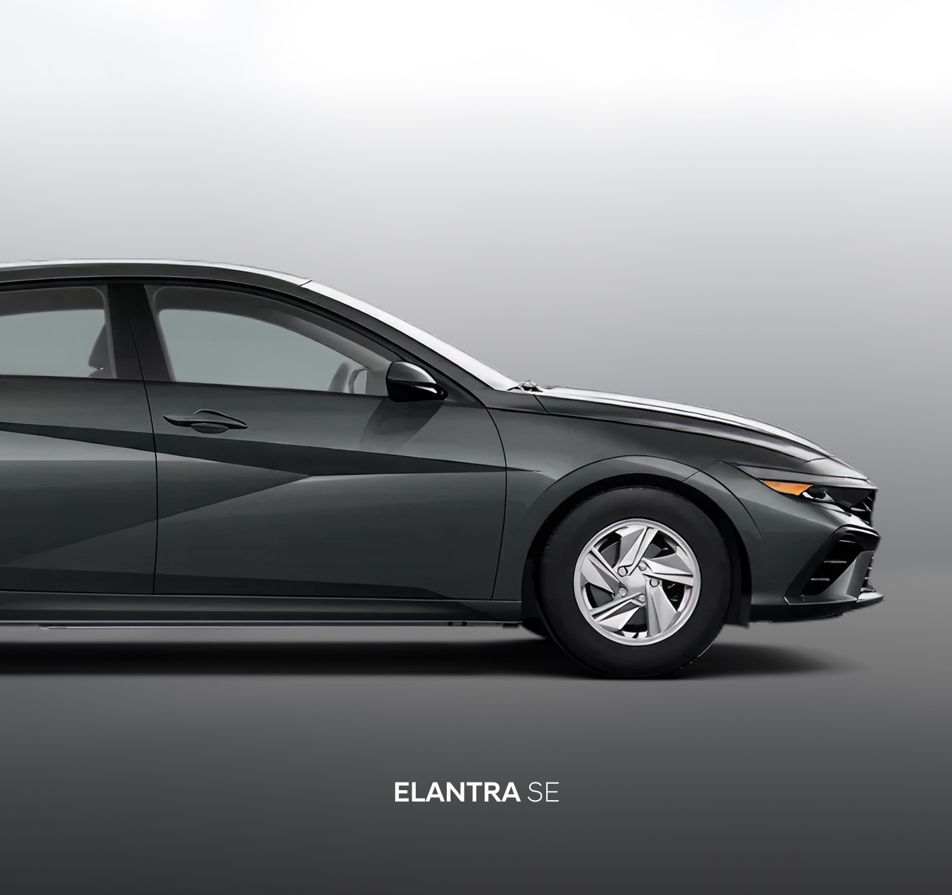 Front-end side-view of the 2026 Hyundai Elantra SE in Amazon Gray