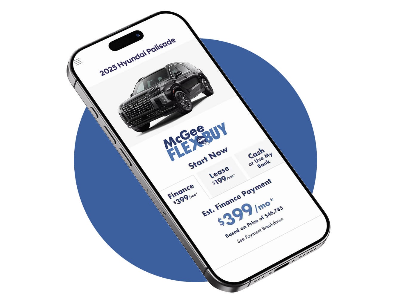 A smartphone screen shows a 2025 Hyundai Palisade SRT in Abyss Black Pearl in a FlexBuy finance and lease page, with the SUV image featured above pricing details.