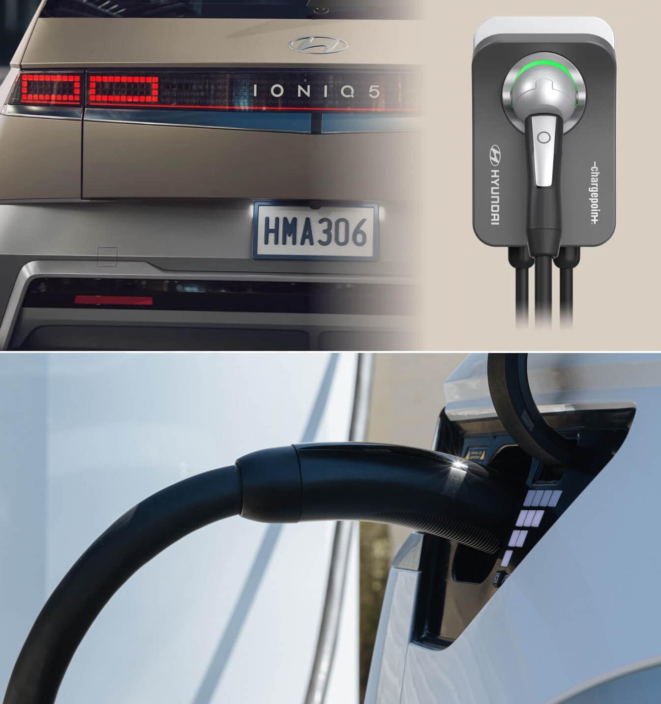 Close-up images of a Hyundai ChargePoint Home Flex Level 2 EV charger & 2025 Hyundai IONIQ 5 charging inlet