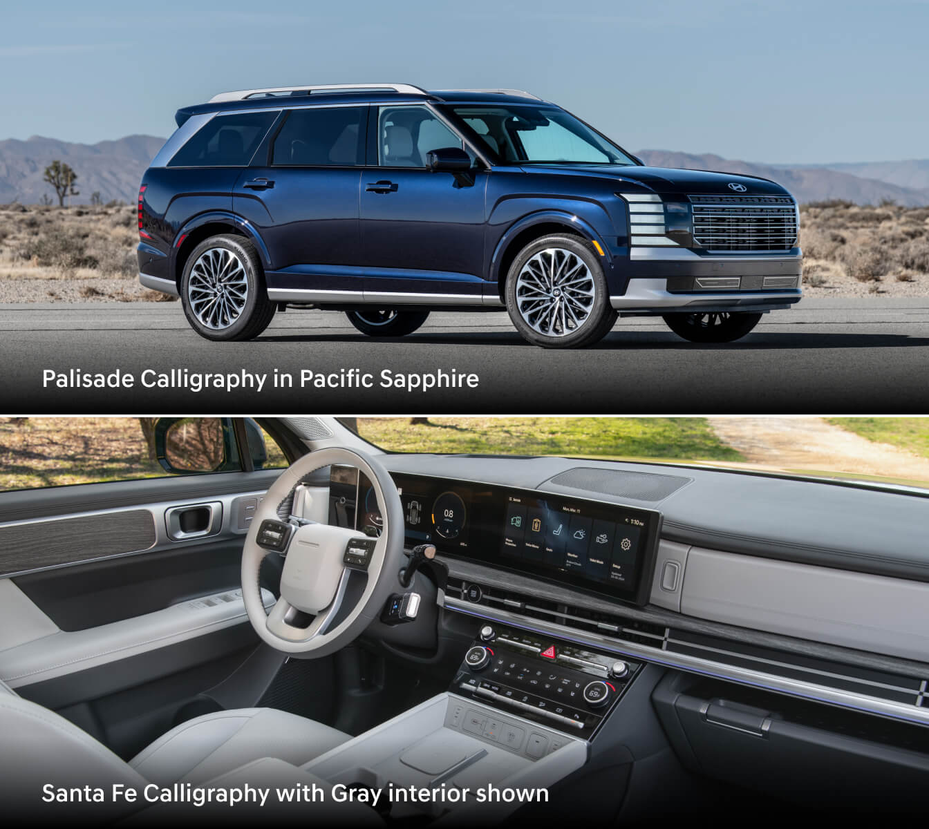 Exterior shot of a 2026 Palisade ICE Calligraphy in Pacific Sapphire stacked on top of an interior shot of a 2026 Santa Fe Calligraphy with Gray interior