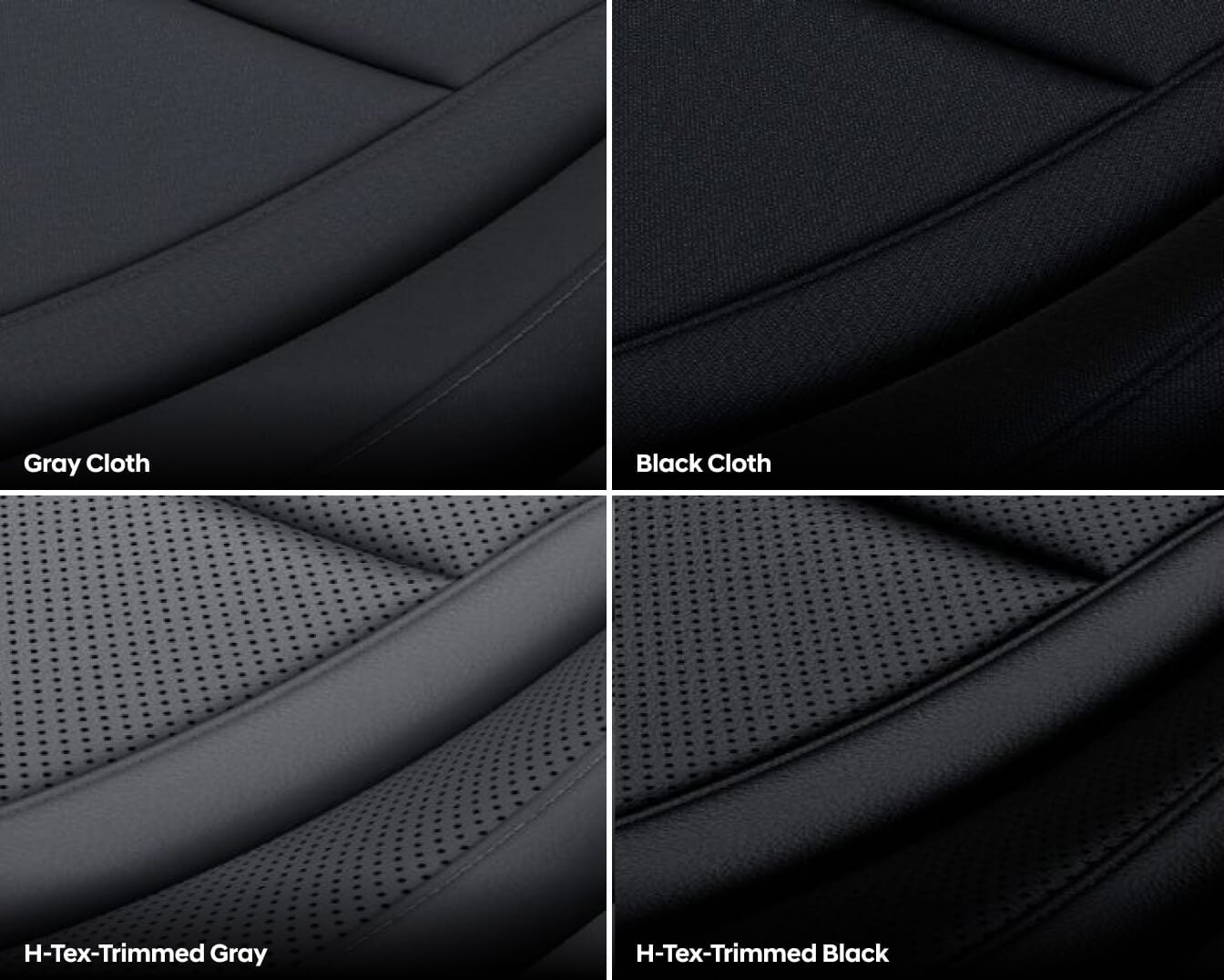 Four images of interior options for the 2026 Hyundai Tucson: Gray Cloth, Black Cloth, H-Tex Trimmed Gray, and H-Tex Trimmed Black
