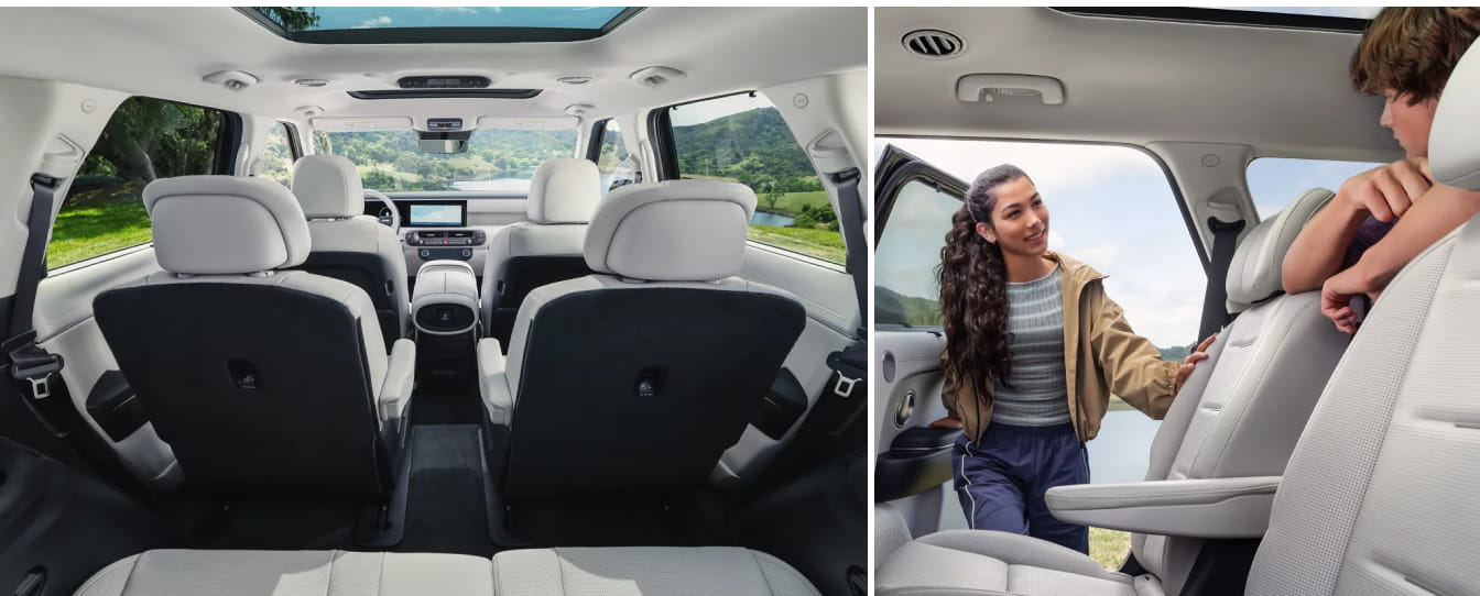 2026 Hyundai PALISADE Hybrid Nappa leather seating surfaces. Expansive interior space, showcasing the standard 2nd-row captain's chairs, and 3rd-row bench.