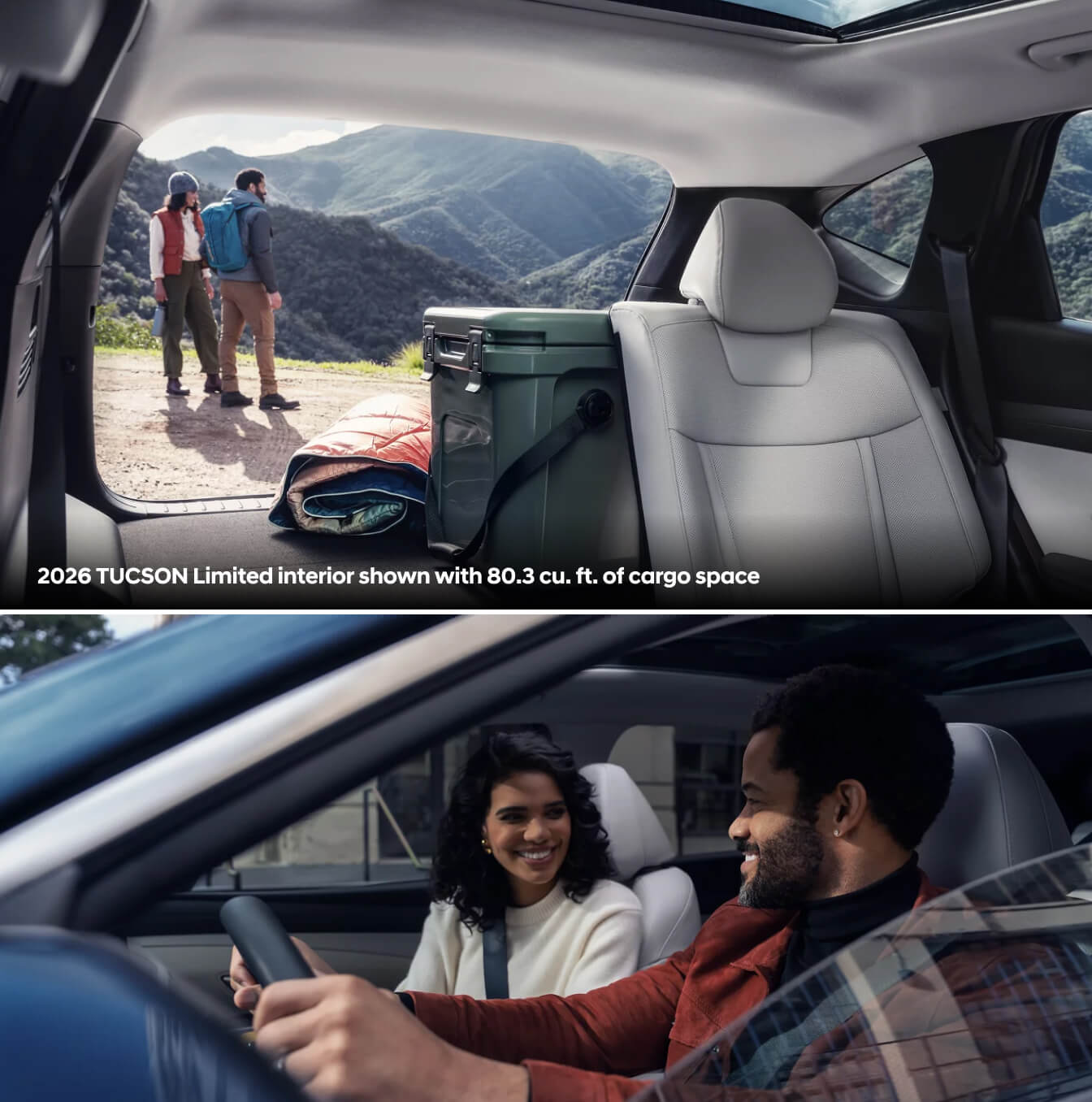 A couple driving their 2026 Hyundai Tucson to a picnic spot and a picture of them standing behind the vehicle