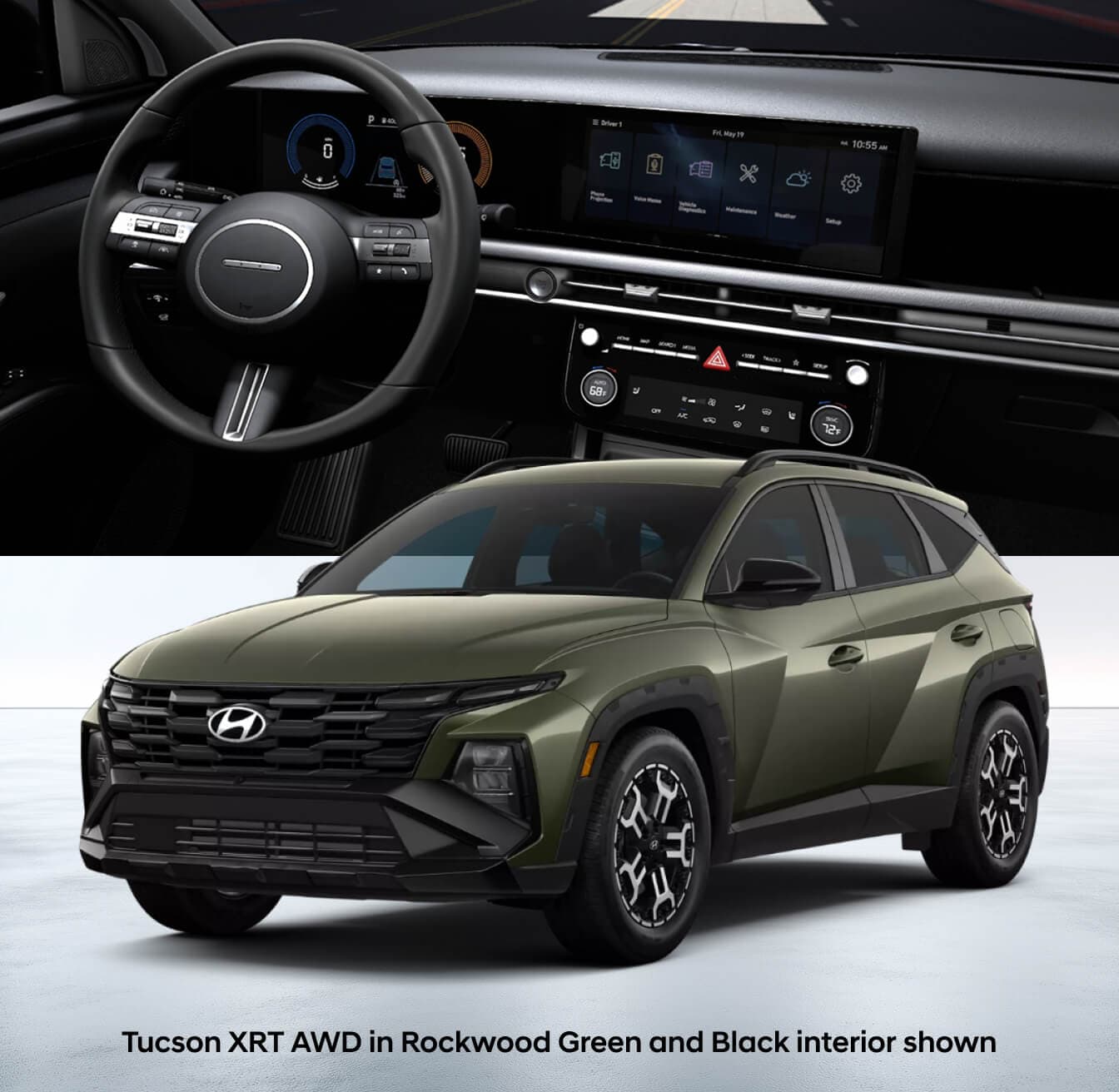 Exterior shot of the 2026 Hyundai Tucson XRT AWD in Rockwood Green superimposed in front of the black interior dashboard