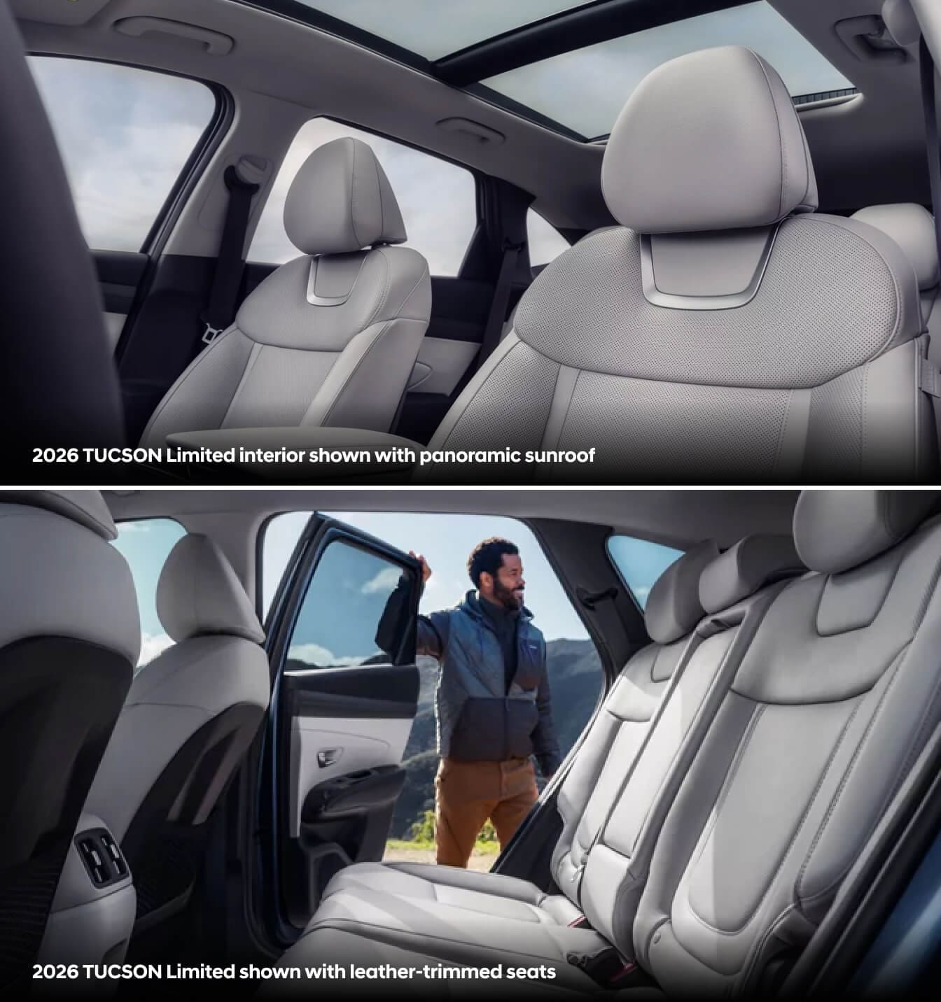 Two interior pictures of a 2026 Hyundai Tucson Limited showing a panoramic sunroof and bright grey leather interior