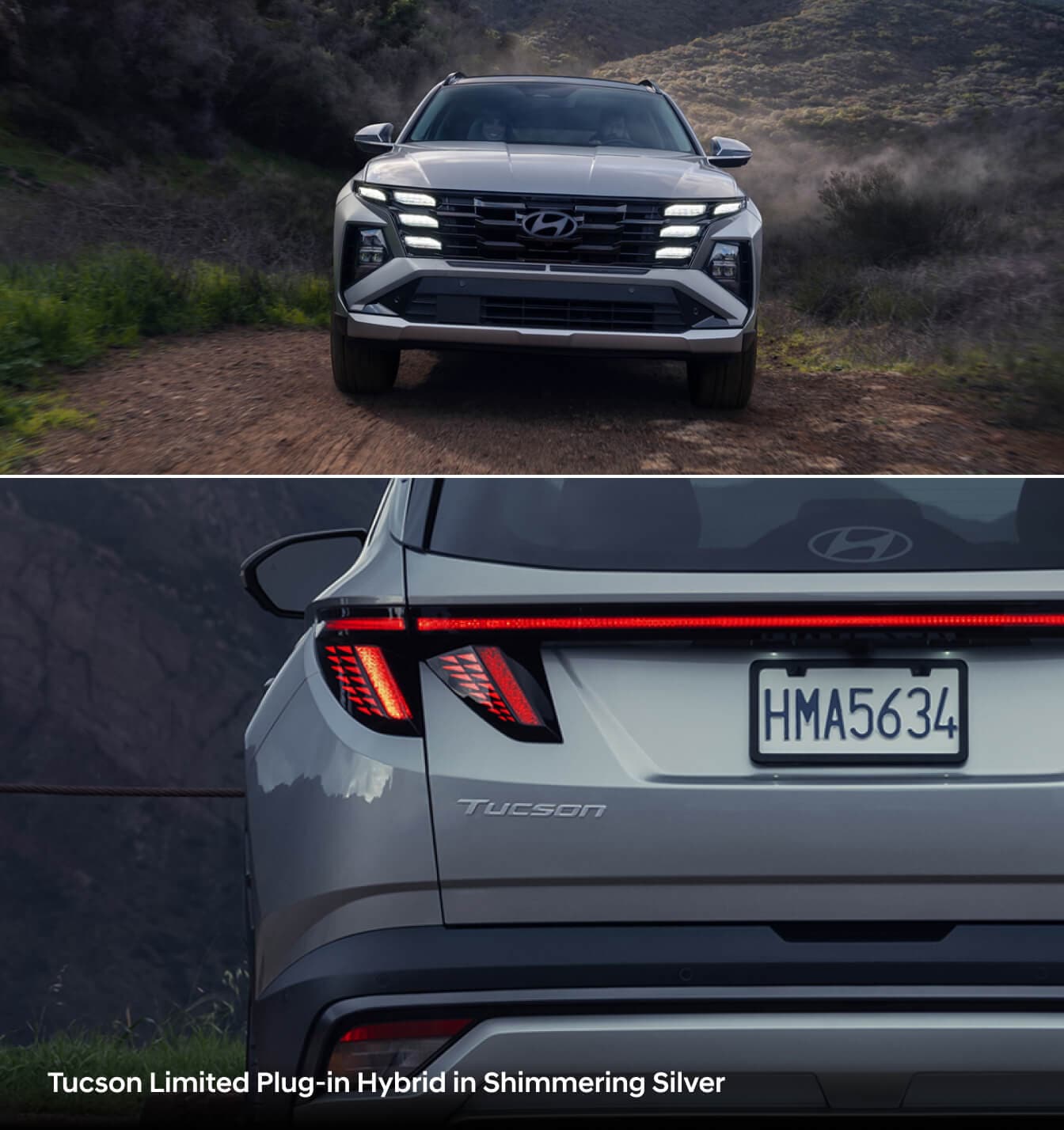 Front and rear images of a 2026 Hyundai Tucson Plug-in Hybrid in silver