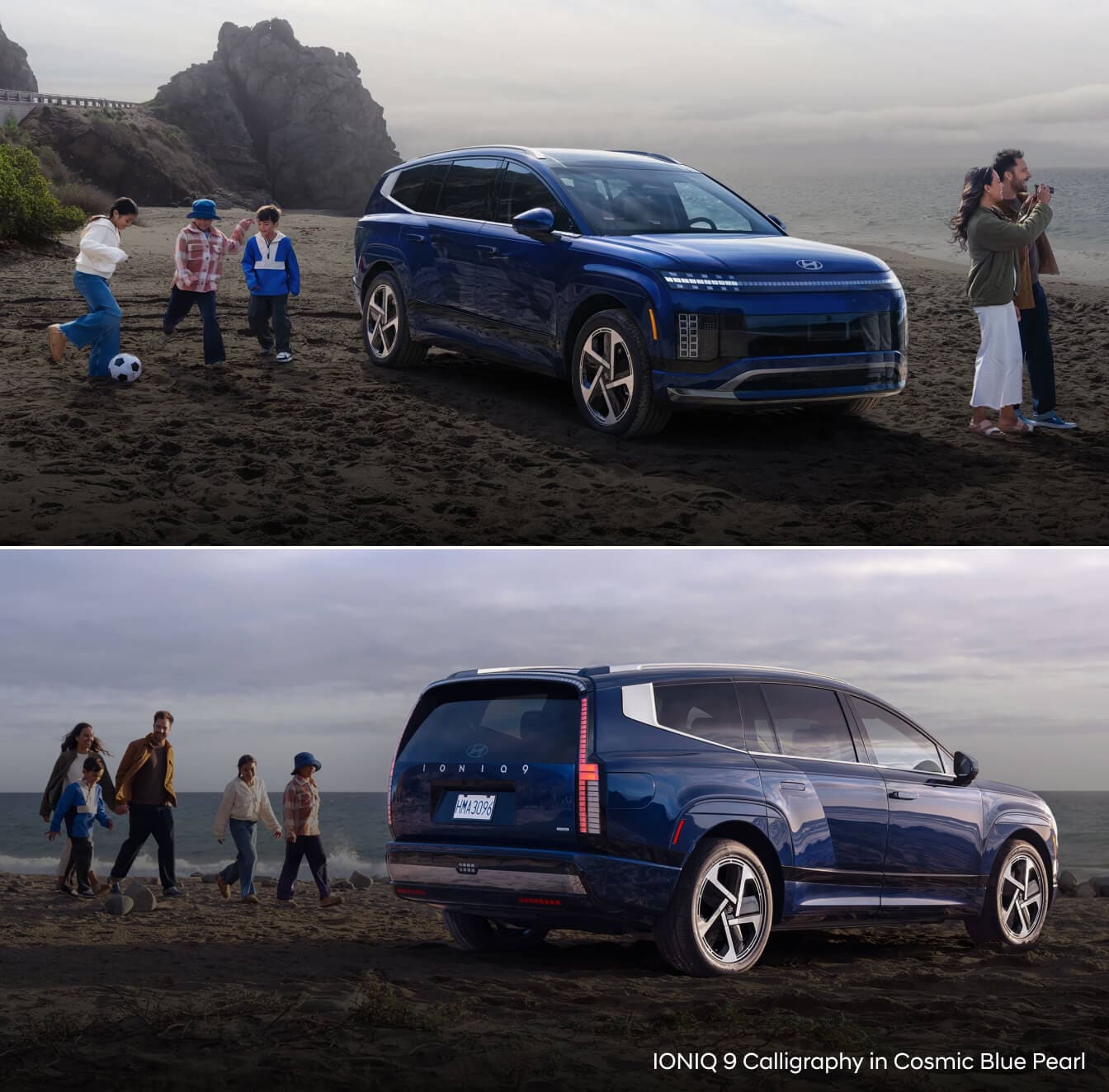 Two images of the 2026 Hyundai IONIQ 9 Calligraphy in blue parked on a beach with a family walking nearby