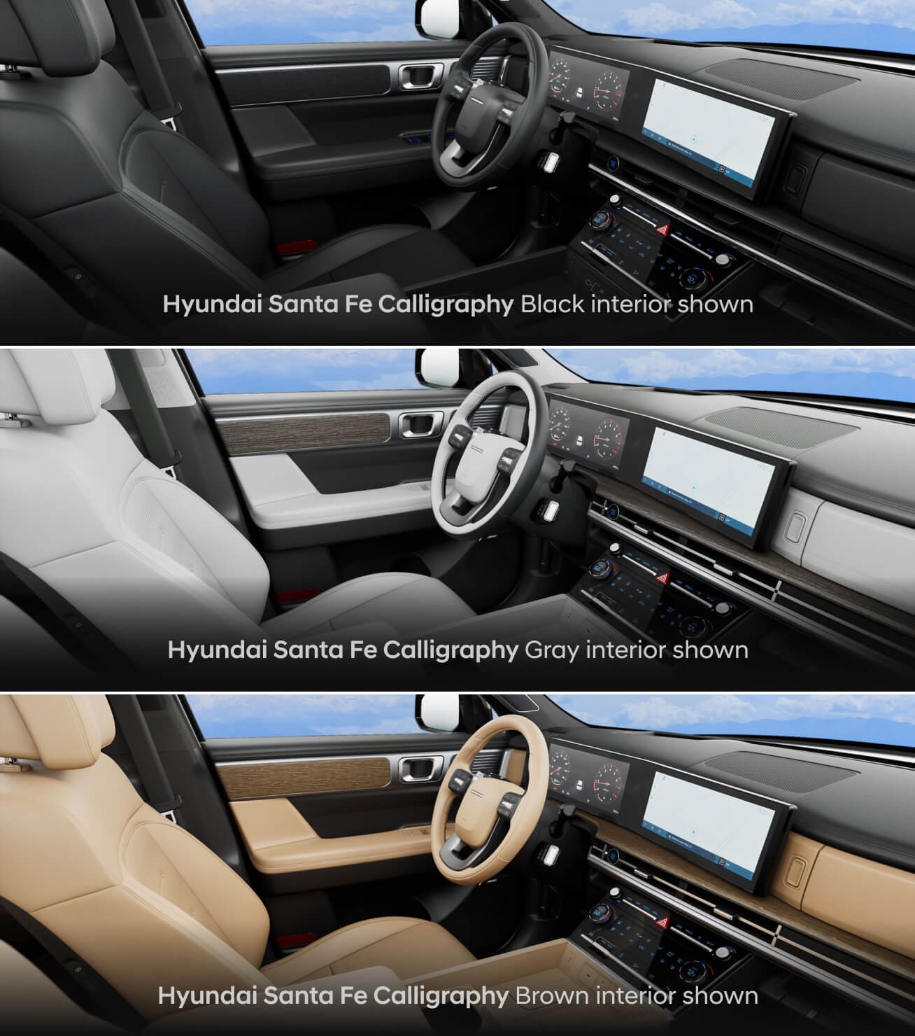 Three interior dashboard pictures of the 2026 Hyundai Santa Fe Calligraphy showing black, gray, and brown interior options
