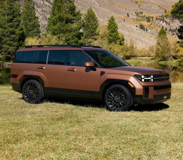 Front quarter view of a Hyundai Santa Fe Calligraphy in Brown parked on a grassy field.