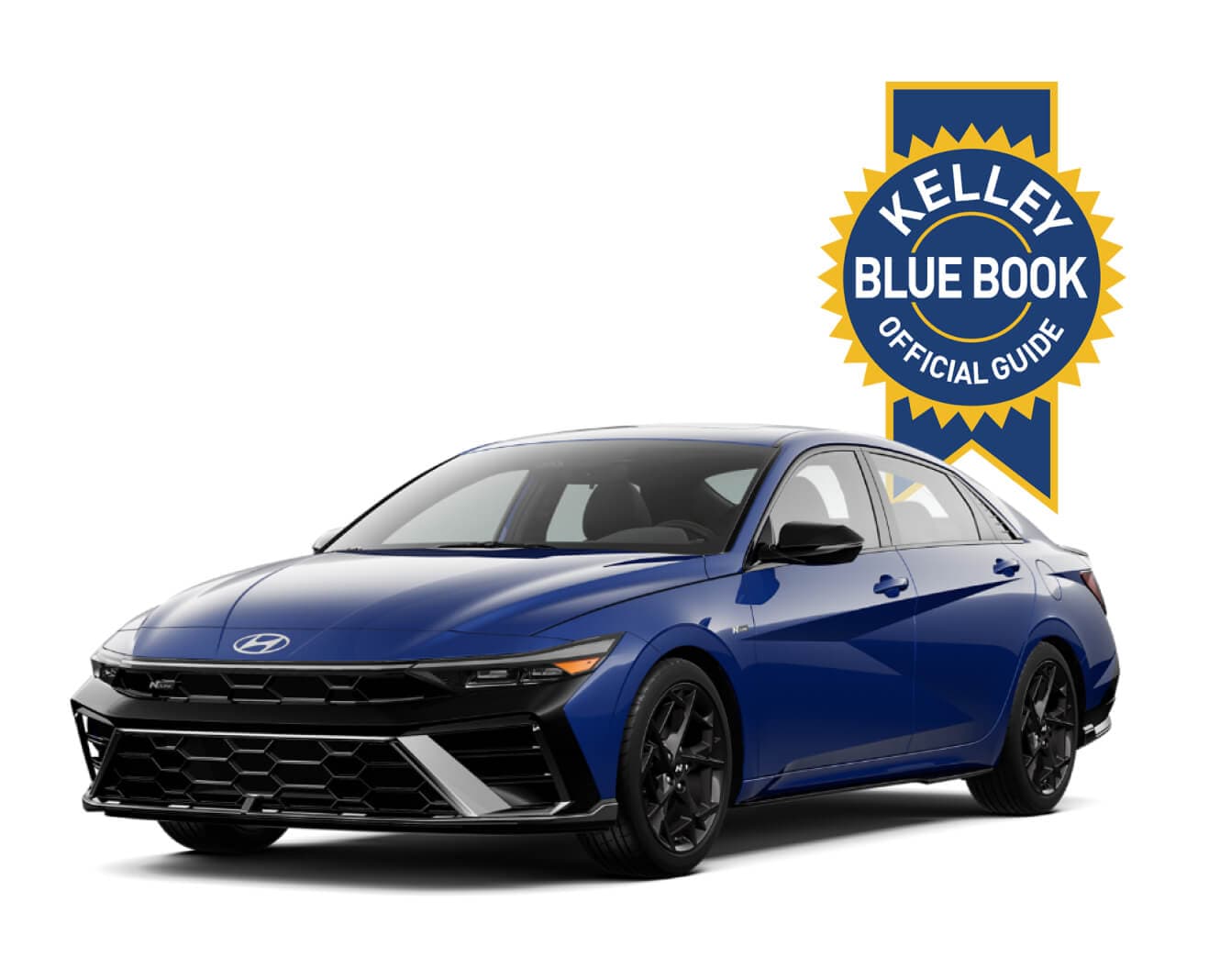A 2025 Hyundai Elantra N Line in Intense Blue positioned in front of a Kelley Blue Book badge on a white background.
