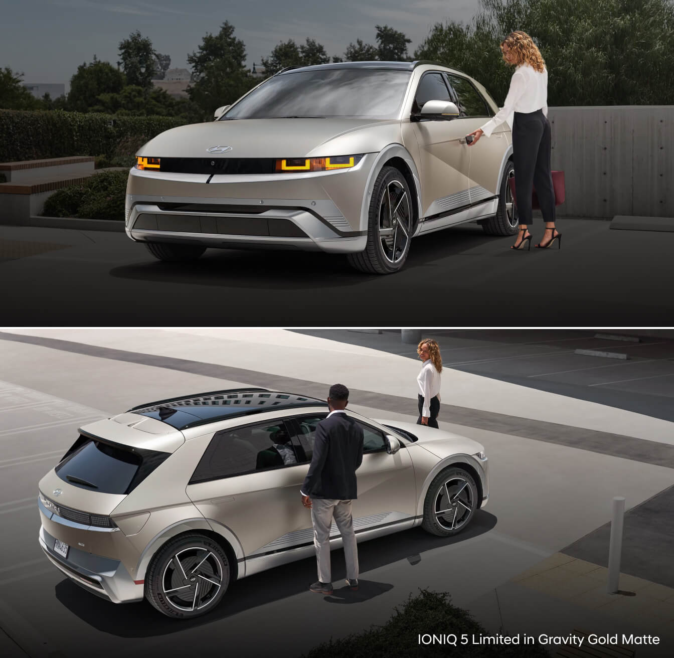 Two images of the 2026 Hyundai IONIQ 5 in Gold