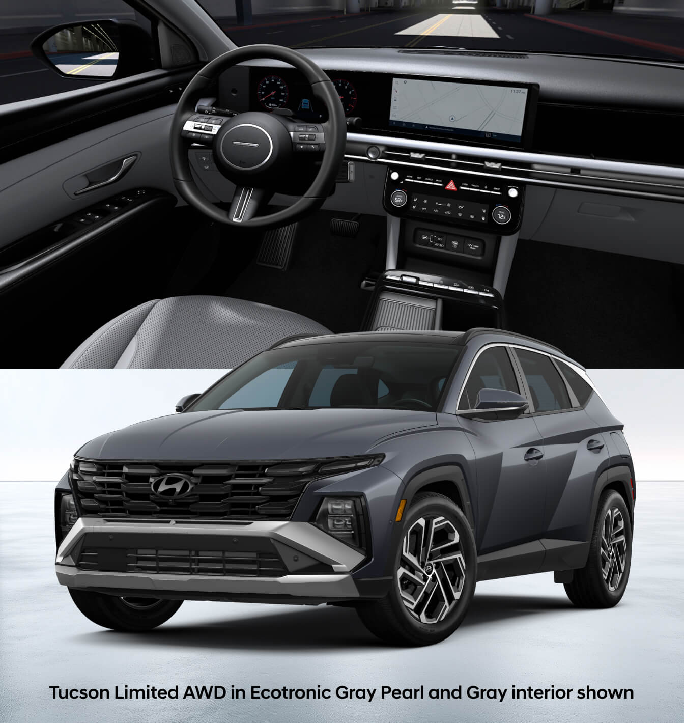 Exterior shot of the 2026 Hyundai Tucson Limited AWD in Ecotronic Gray Pearl blue superimposed in front of the gray interior dashboard