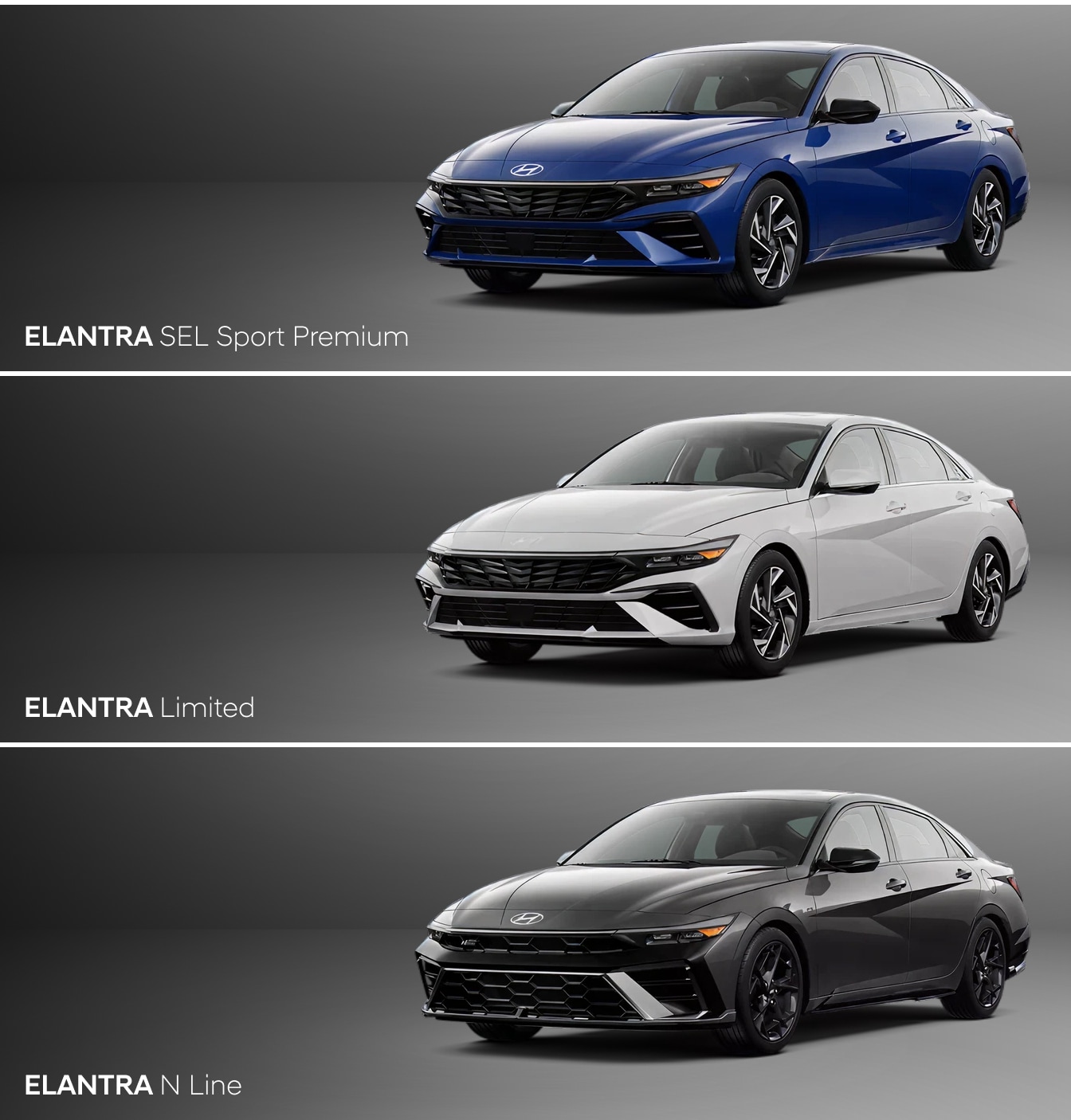 2026 Hyundai Elantra SEL Sport Premium in Intense Blue, Limited in Serenity White, and N Line in Ecotronic Gray