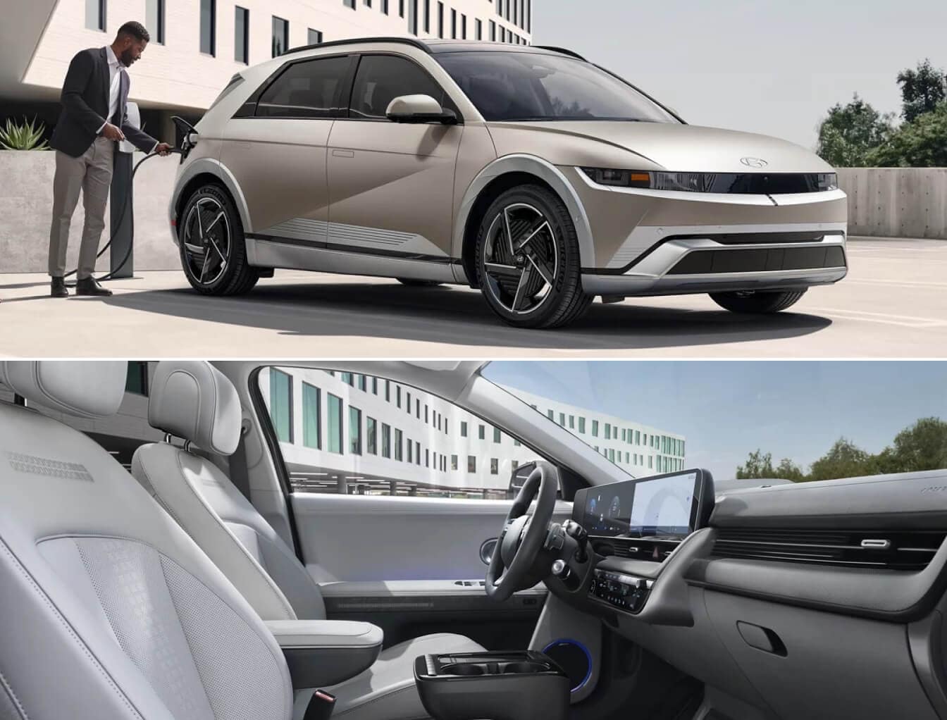 2 images of the 2025 Hyundai IONIQ 5, exterior shot in Gravity Gold Matte and interior shot of the front seat and 12.3 inches infotainment touchscreen