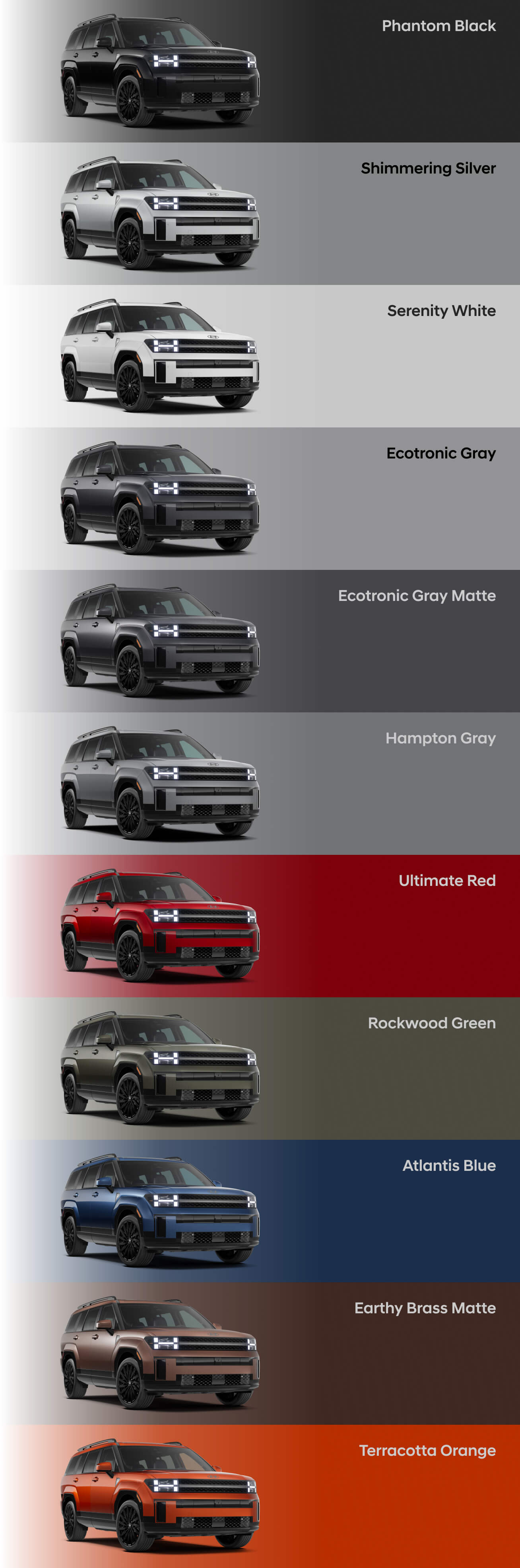 The 2026 Hyundai Santa Fe Calligraphy in each of the 11 different color options available in 2026