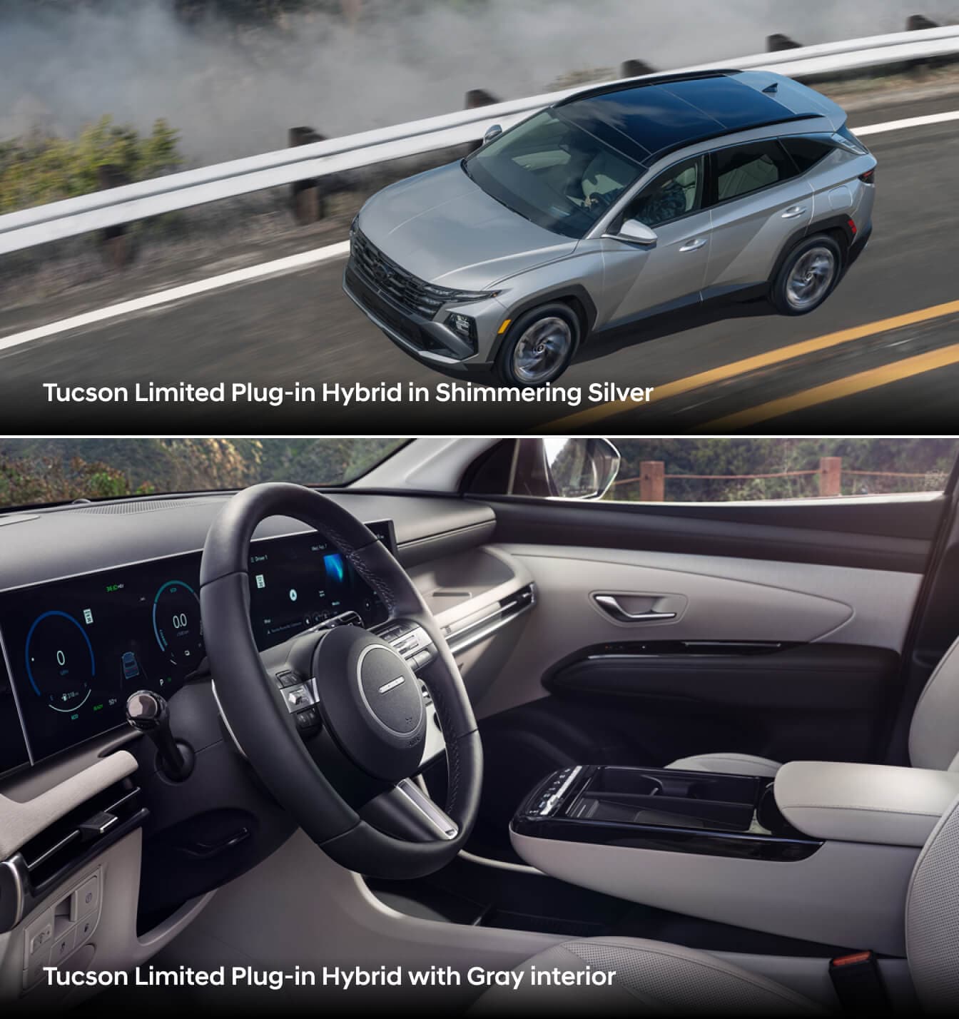 Exterior and interior dashboard view of the 2026 Hyundai Tucson Plug-in Hybrid in silver with grey interior