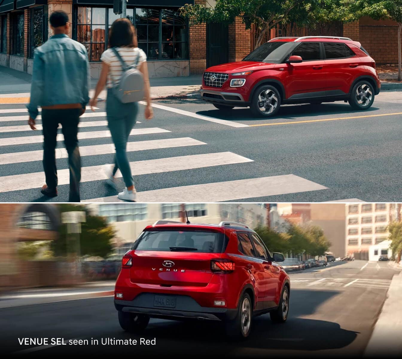 2026 Hyundai Venue SEL in Ultimate Red, shown from front and rear driving through a city.