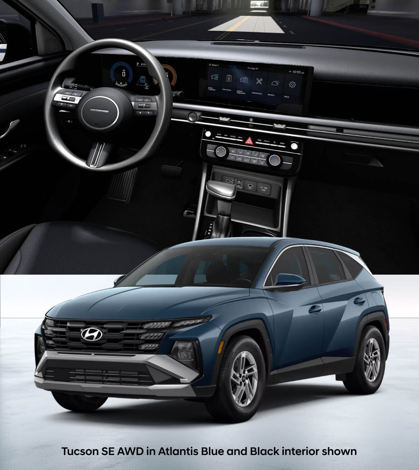 Exterior shot of the 2026 Hyundai Tucson SE AWD in Atlantis Blue superimposed in front of the black interior dashboard