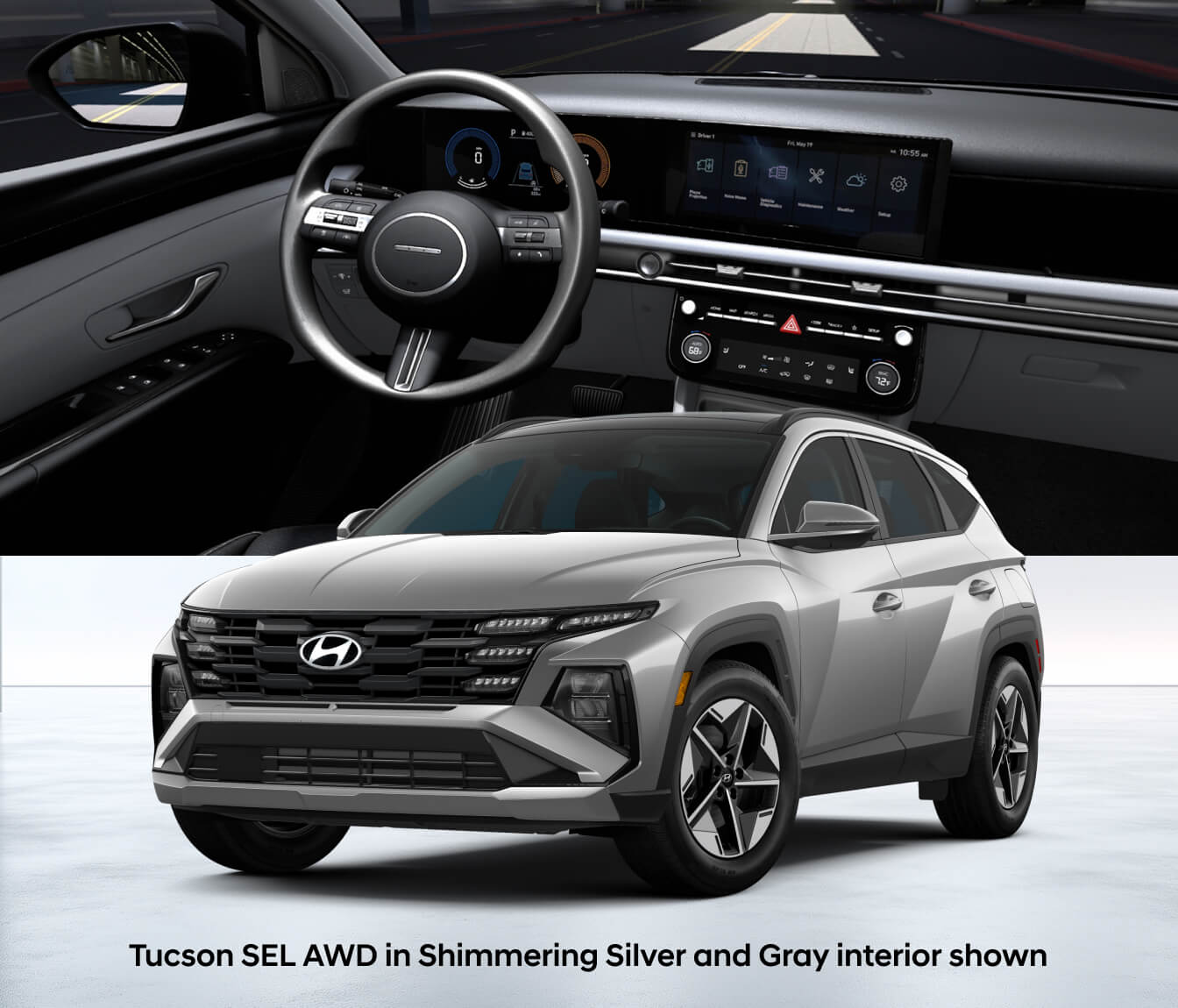 Exterior shot of the 2026 Hyundai Tucson SEL AWD in Shimmering Silver superimposed in front of the gray interior dashboard
