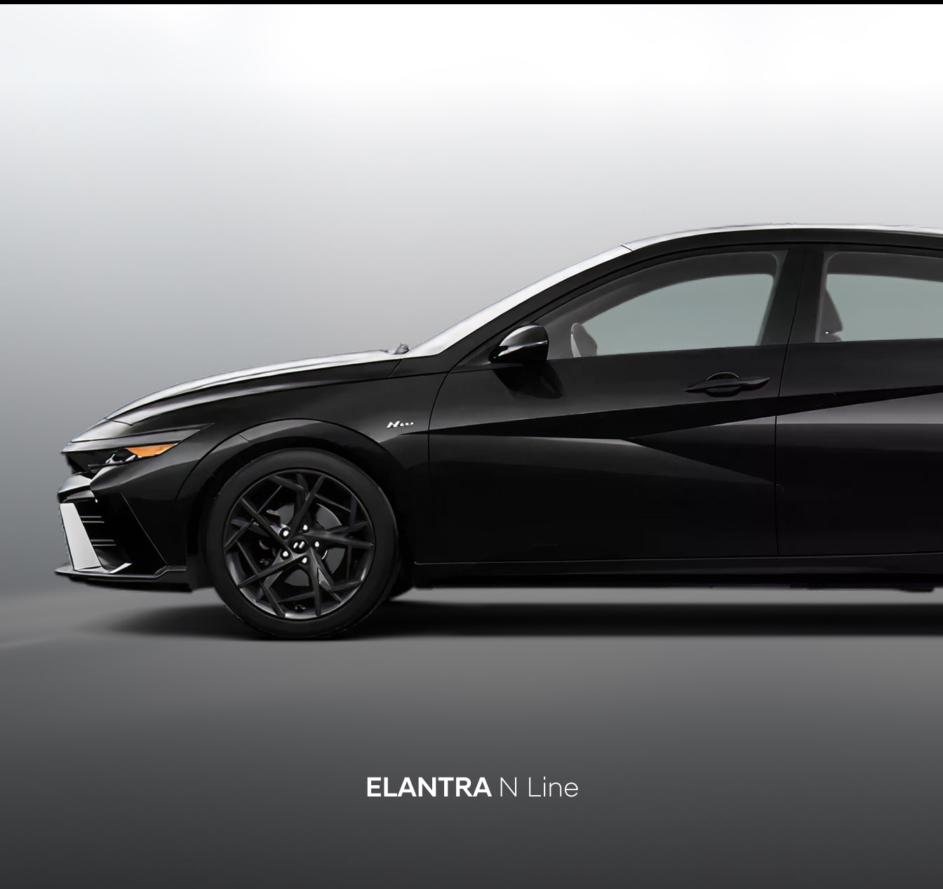 Front-end side-view of the 2026 Hyundai Elantra N Line in Abyss Black