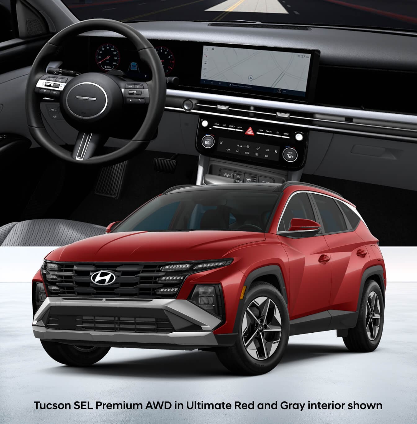 Exterior shot of the 2026 Hyundai Tucson SEL Premium AWD in Ultimate Red superimposed in front of the gray interior dashboard