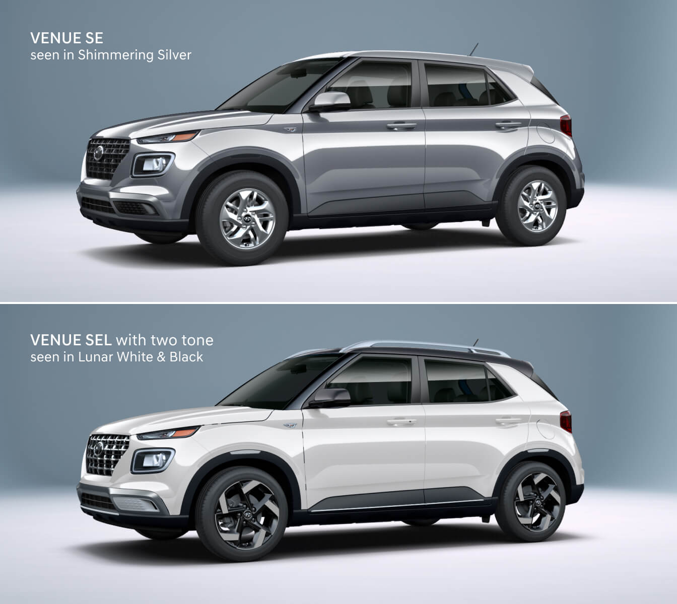 2026 Hyundai Venue SE in Shimmering Silver and SEL in Lunar White with black roof, front three-quarter studio view.