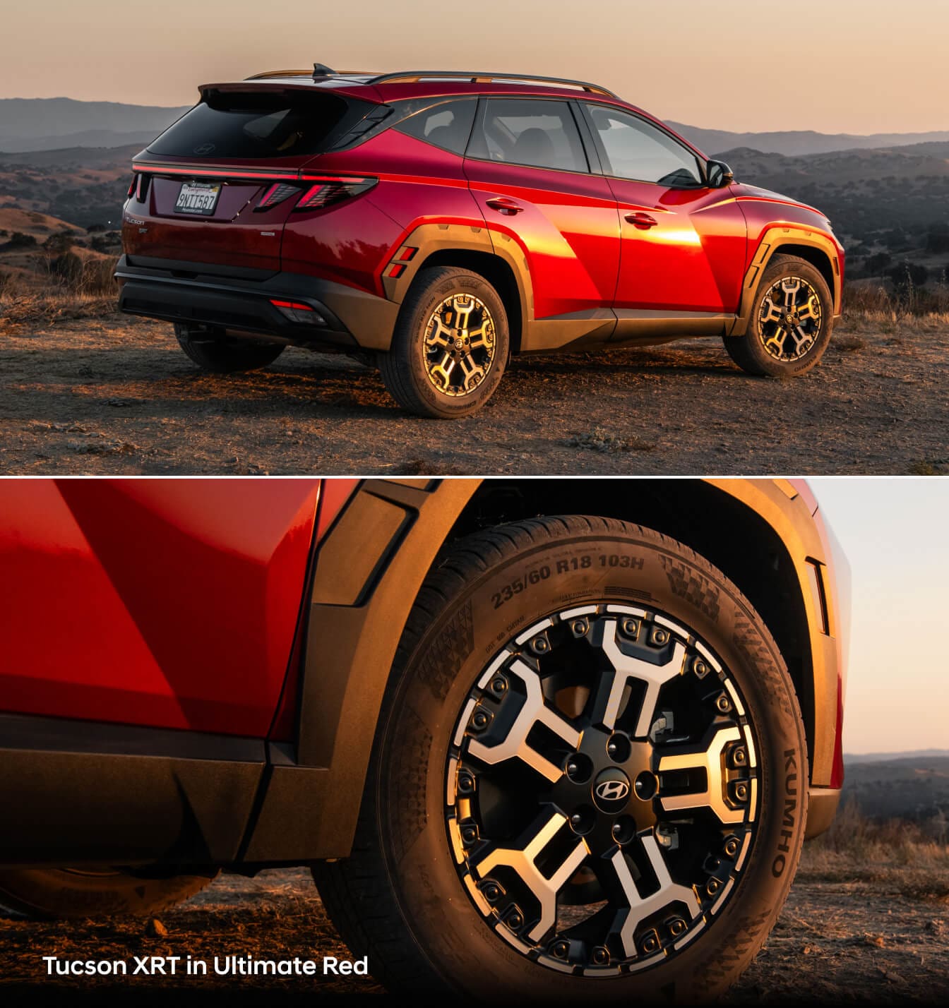2026 Hyundai Tucson XRT in red parked on a dirt terrain and a close-up image of the front right tire and rim
