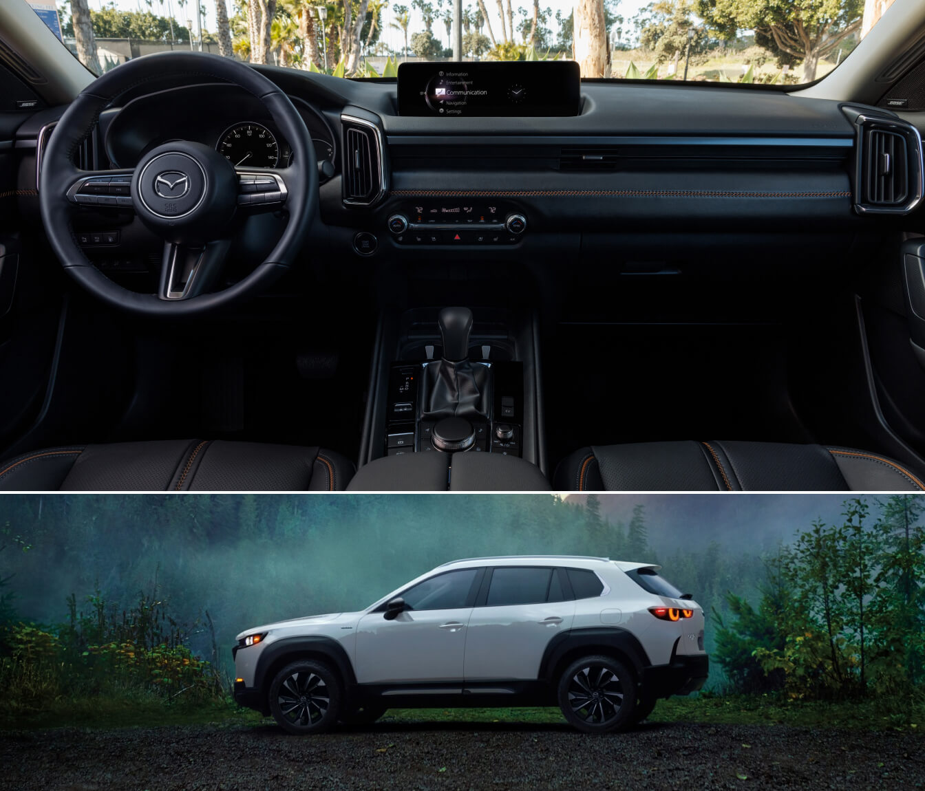 Interior dashboard shot of a New Mazda CX-50 and an exterior shot of the car in Wind Chill Pearl parked in front of a foggy landscape