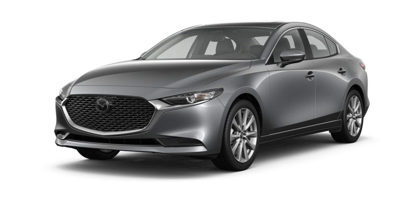 Front three-quarter studio view of a grey Mazda3 Sedan on a transparent background.
