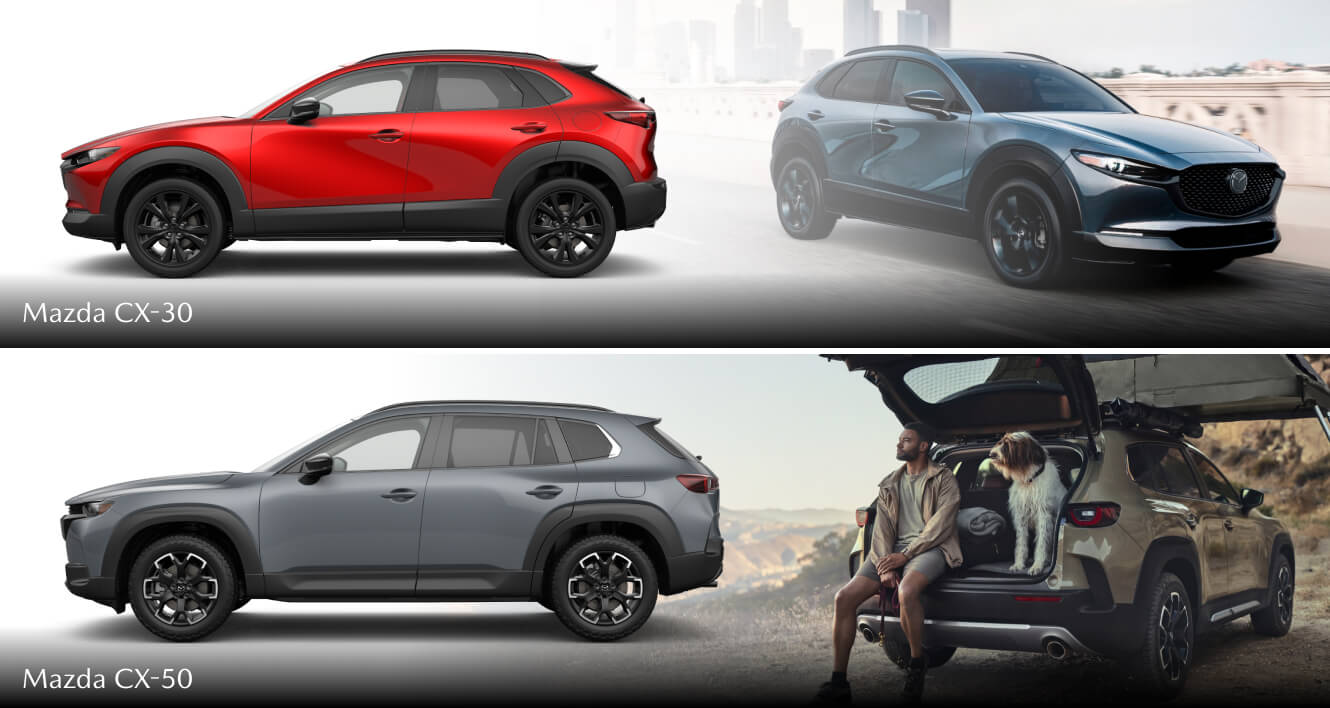 Side views of a red Mazda CX-30 and a gray Mazda CX-50 over backdrops of a CX-50 driving and a CX-50 parked with an open tailgate.