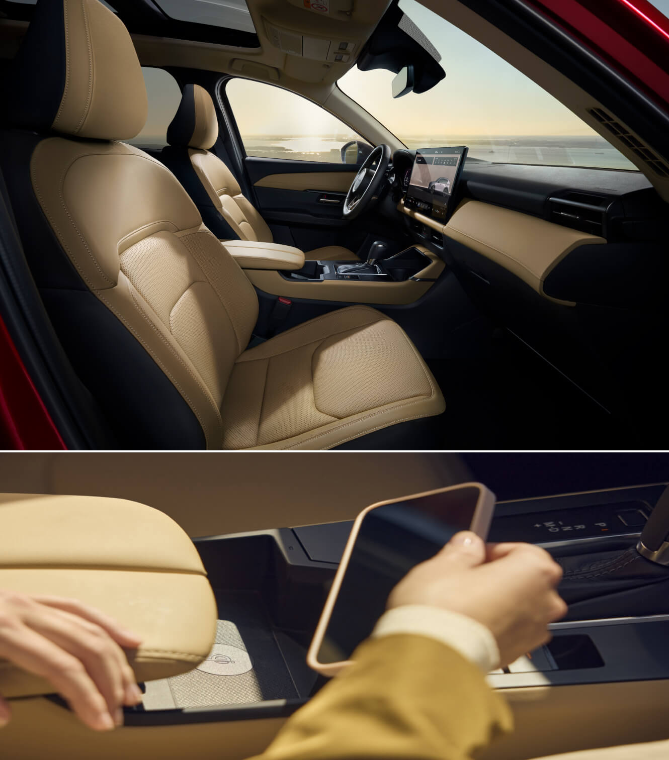 Interior front seat and close-up center console of the Mazda CX-5 featuring tan interior