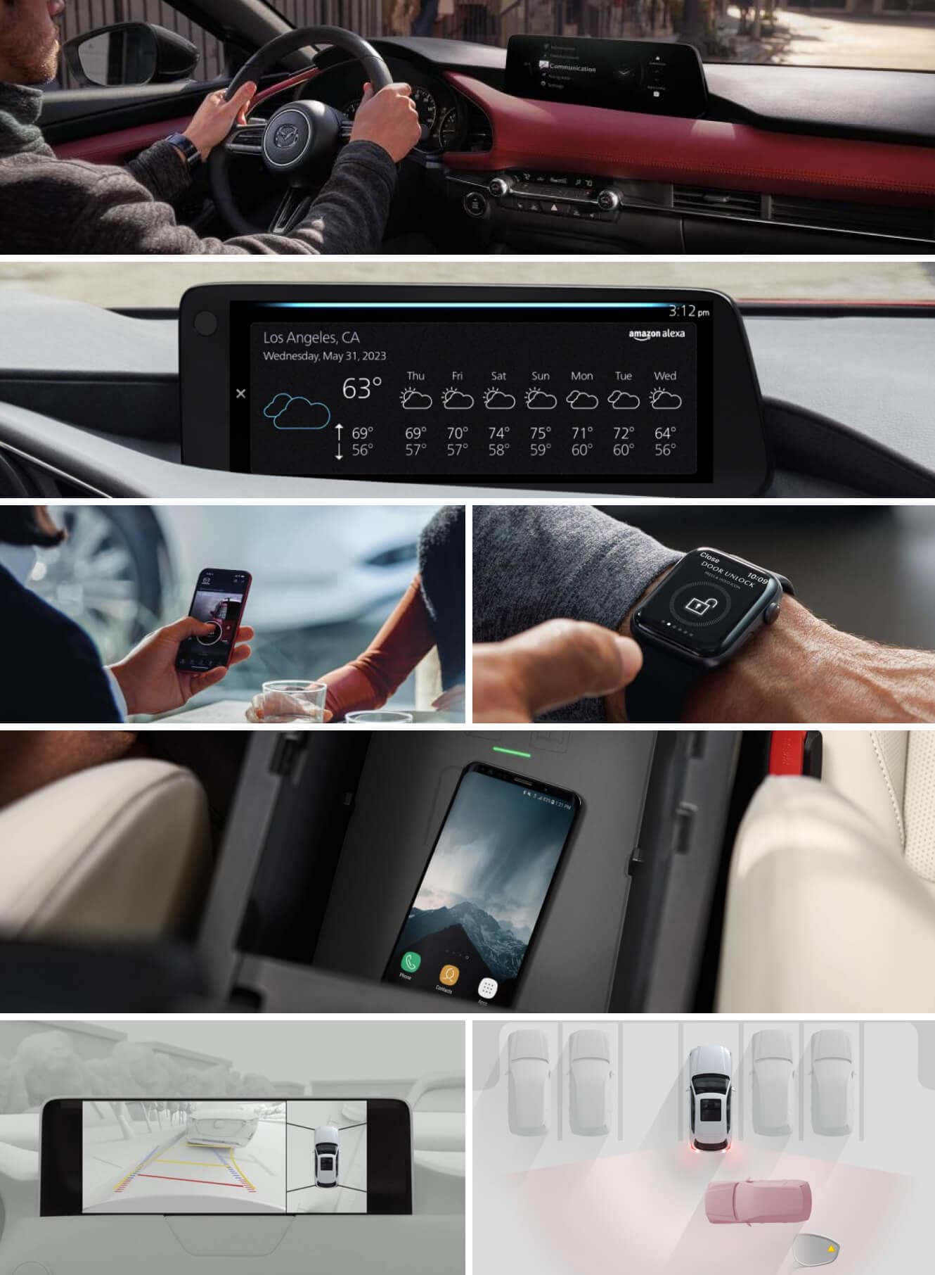 Interior and exterior 2026 Mazda3 technology features; including the 10.25-inch Center Display, Active Driving Display, 360° View Monitor, Qi-enabled wireless charging pad, and graphics displaying the advanced driver-assist sensors.