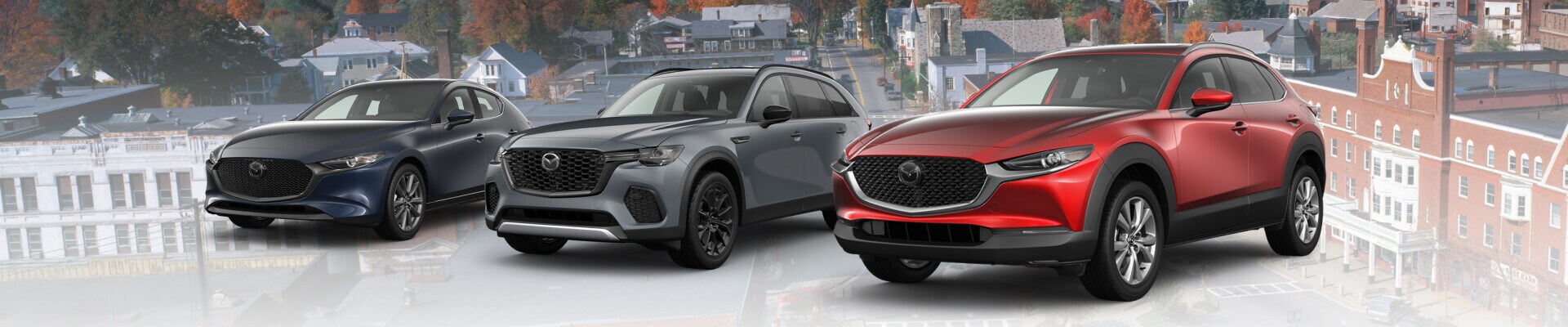 Mazda3 Hatchback 2.5 S Preferred in Deep Blue Crystal Mica,CX-70 Turbo Premium Plus in Polymetal Gray Metallic,CX-30 2.5S Premium in Soul Red Crystal Metallic